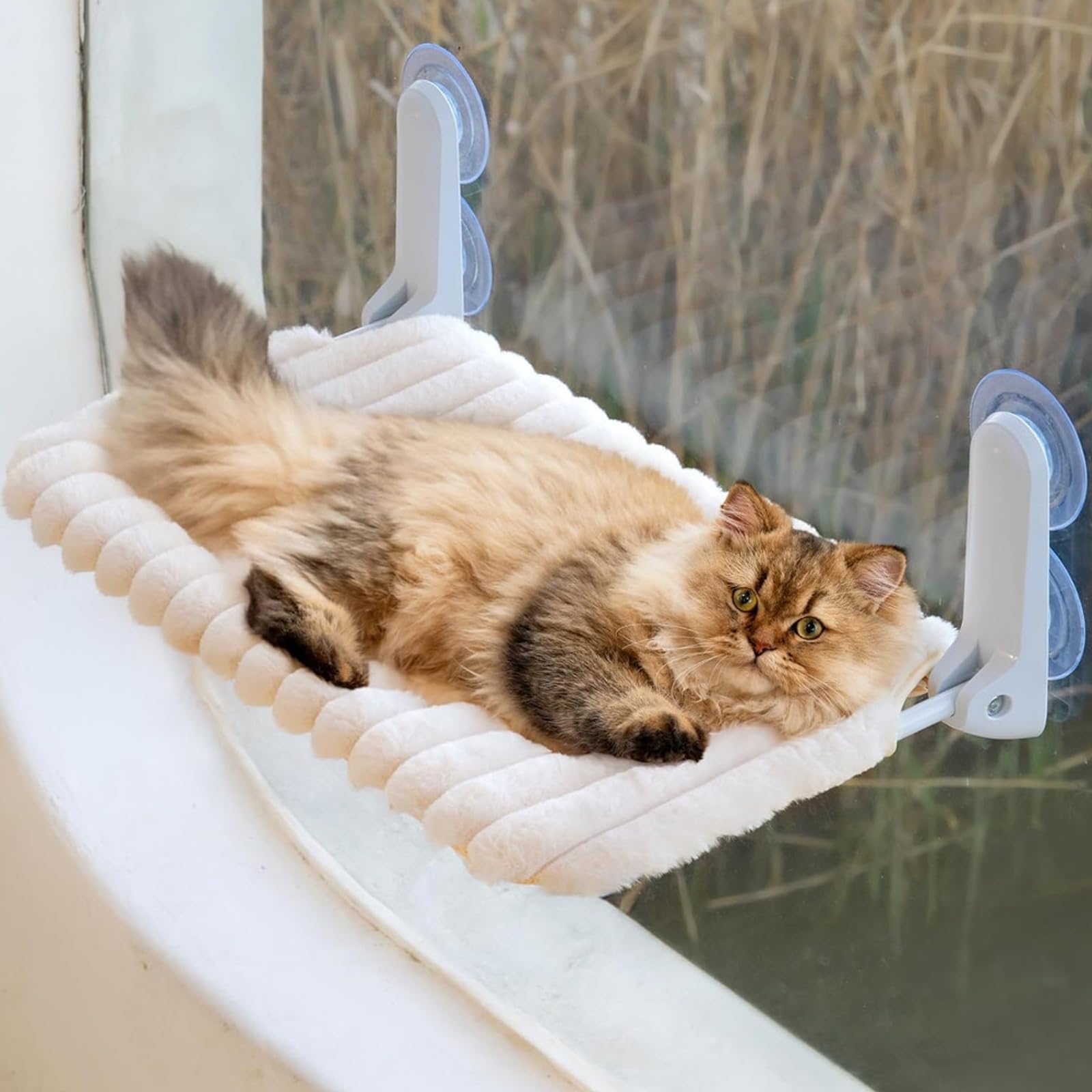 Katzen Fensterhängematte, 30×52cm Fensterliege für Katzen mit Starken Saugnapf, Große Plüsch Abnehmbarem Katzenfenster Sitzstange, Hängebett Fenste Heizungsliege, Stahlrahmen Stabil