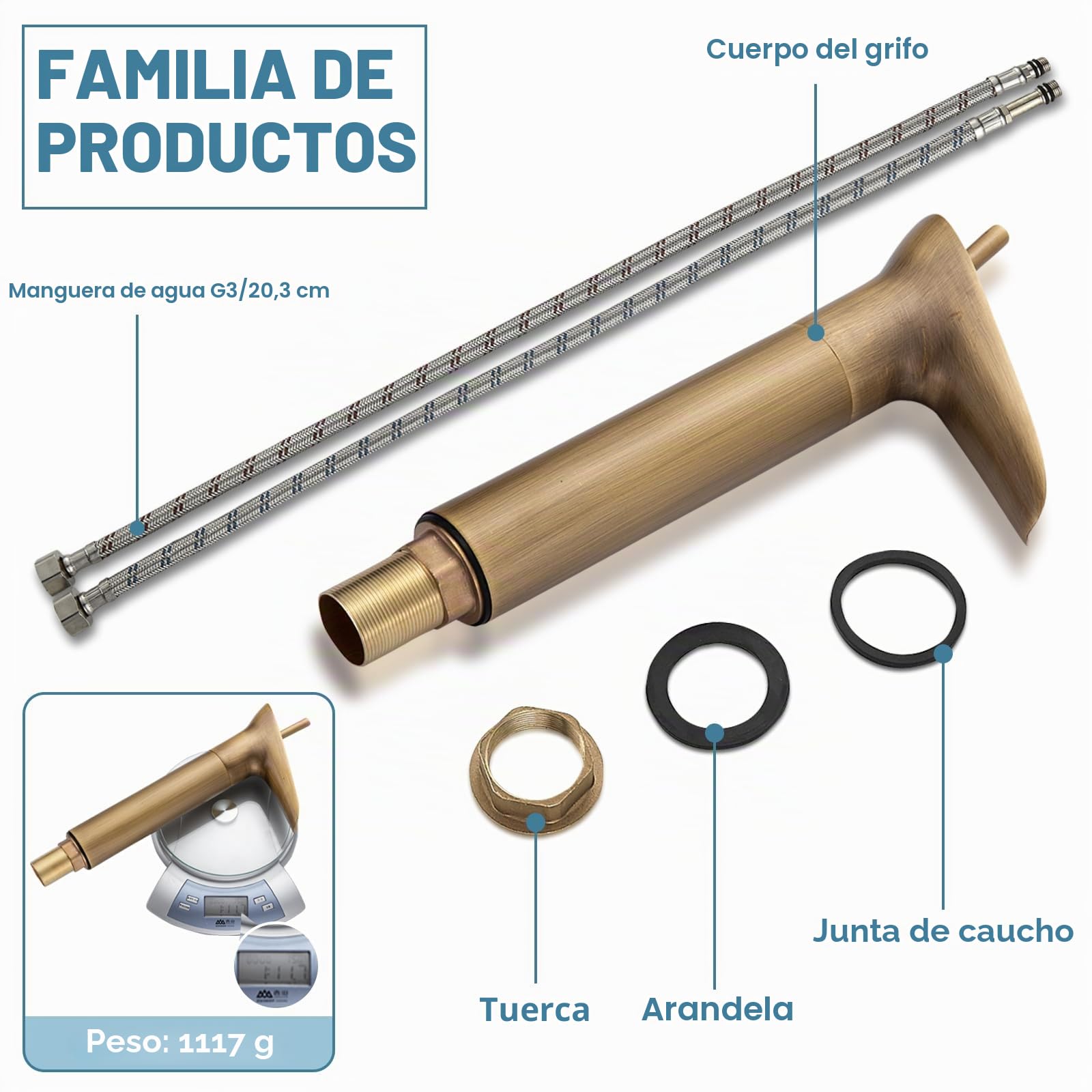 Grifo de Baño Mezclador Monomando de Latón Antiguo, Caño Alto para Lavabo