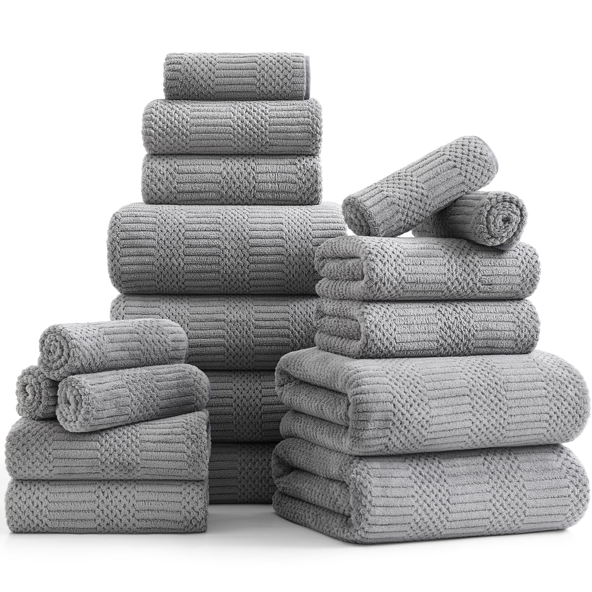 18 Pcs Gray Woven Family Towels Set-6 Bath Sheets 6 Hand Towels 6 Washcloths Soft Microfiber Towels Absorbent