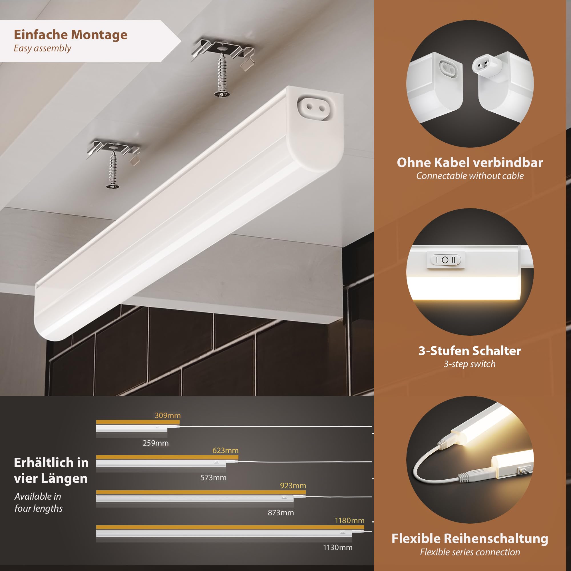 ledscom.de Zestaw 2 lamp podszafkowych LED Rigel, regulowana temperatura barwowa, 113 cm każda, 14,6 W, 1747 lm, ciepły biały/biały