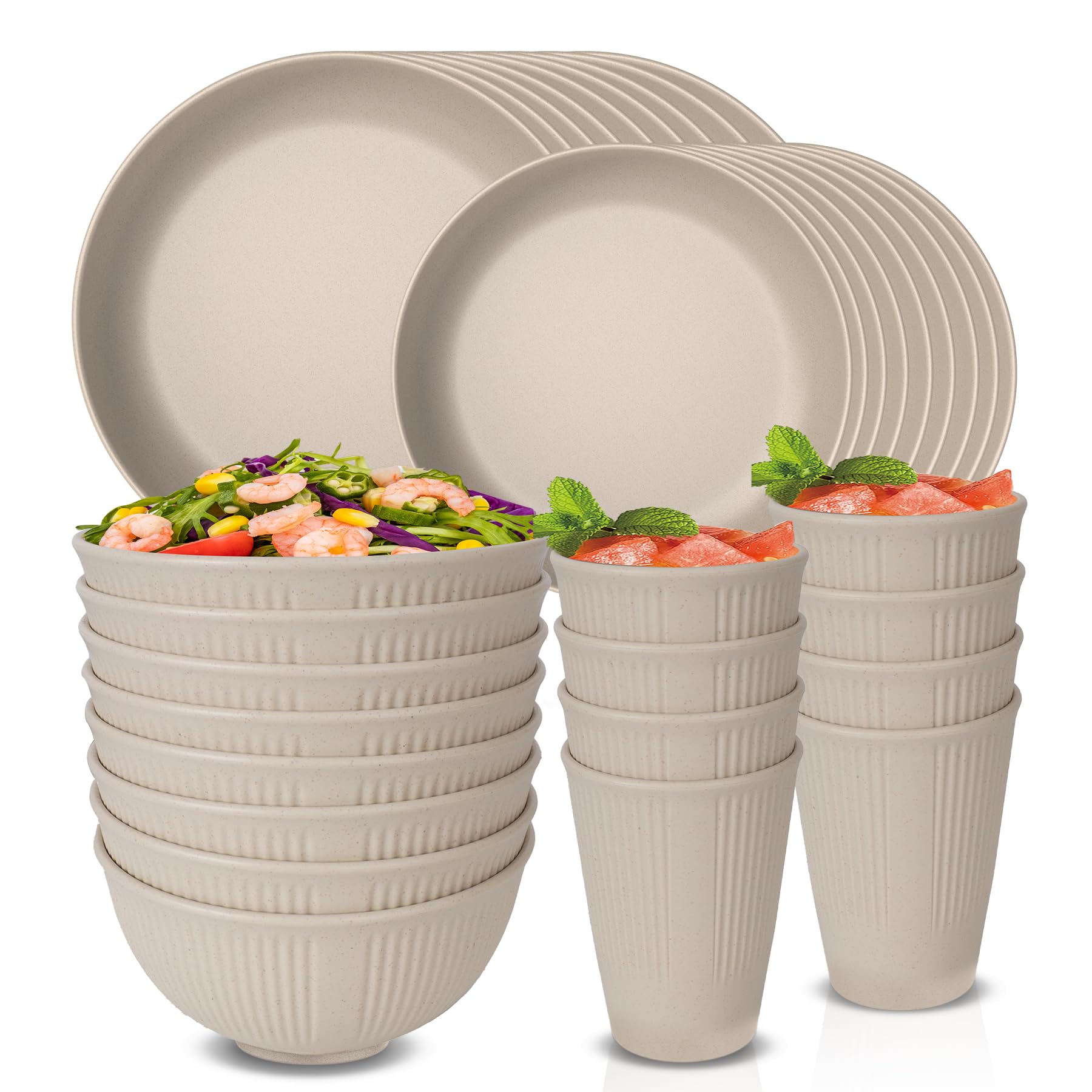 Unbreakable Dinnerware Set For 8 – 32-Piece Plastic Plates, Bowls, Cups, Microwave & Dishwasher Safe, Grey