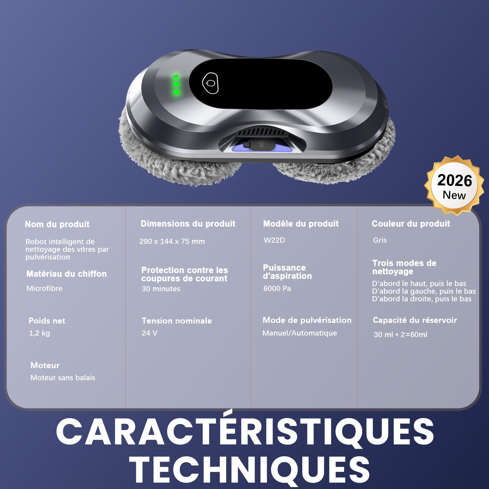 Robot Laveur de Vitre Automatique, 6000 Pa d'aspiration, Robot Nettoyeur de Vitres,Nettoyage à Double Hélice, Détection des Bords, 3 Modes de Nettoyage, avec 10 Chiffons de Nettoyage