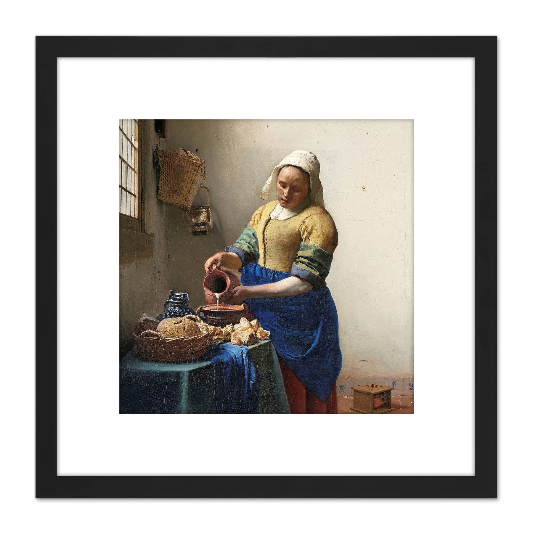 Artery8 Vermeer The Milkmaid Woman Kitchen Painting 8X8 Inch Square Wooden Framed Wall Art Print Picture with Mount