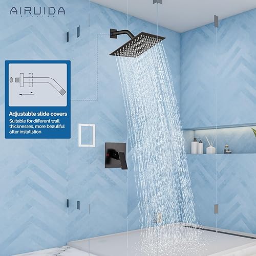 Miniatura 7 de Airuida Juego de grifo de ducha para baño, sistema de ducha de lluvia de 8 pulgadas, cabezal de ducha cuadrado de una sola función, 1 mango con