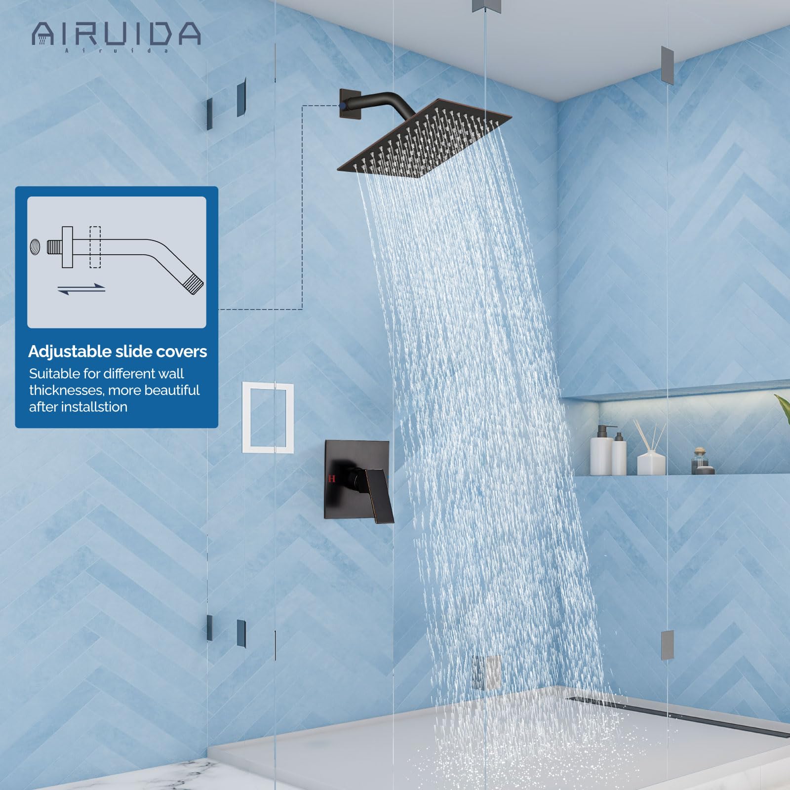 Airuida Set di rubinetto doccia doccia a pioggia per bagno, soffione quadrato da 20,3 cm, funzione unica, kit di assetto per maniglia con filettatura femmina, piastra di copertura