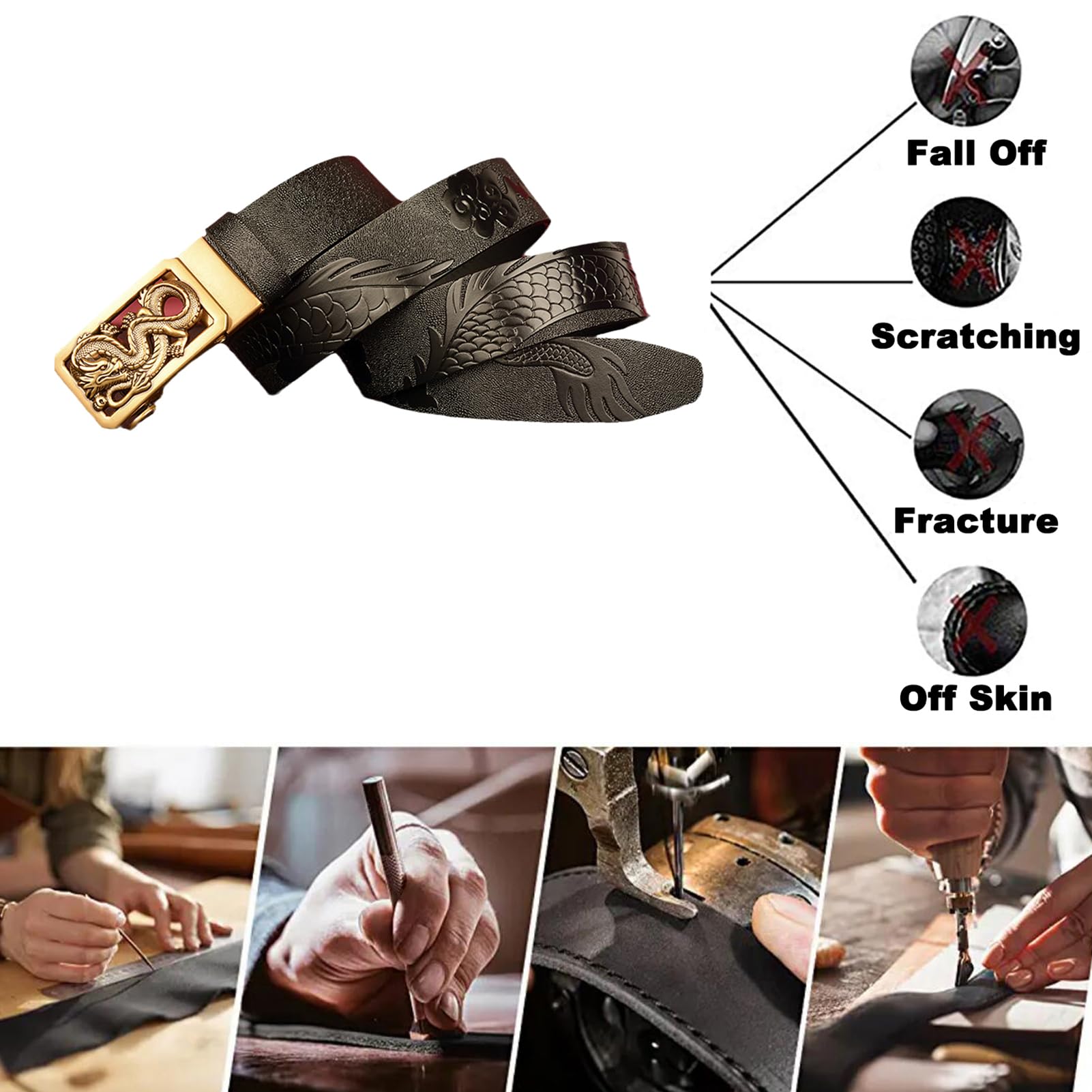 Cinturón De Trinquete Deslizante Con Dragón Grabado Y Hebilla Automática Ajustable. Clásico, Estilo Casual