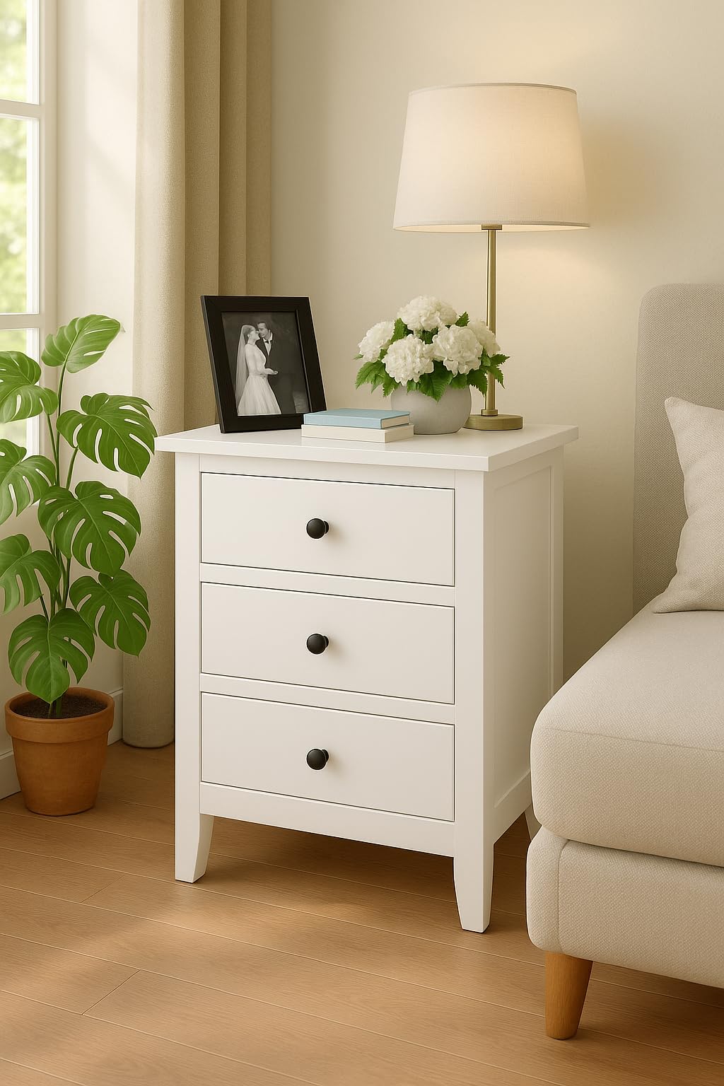 UrbonArts Solid Sheesham Wood Bedside Table in White Finish | 3 Drawer Nightstand for Bedroom & Living Room | Modern Wooden Side Table for Storage & Decor | No Assembly Required (White)-image-18