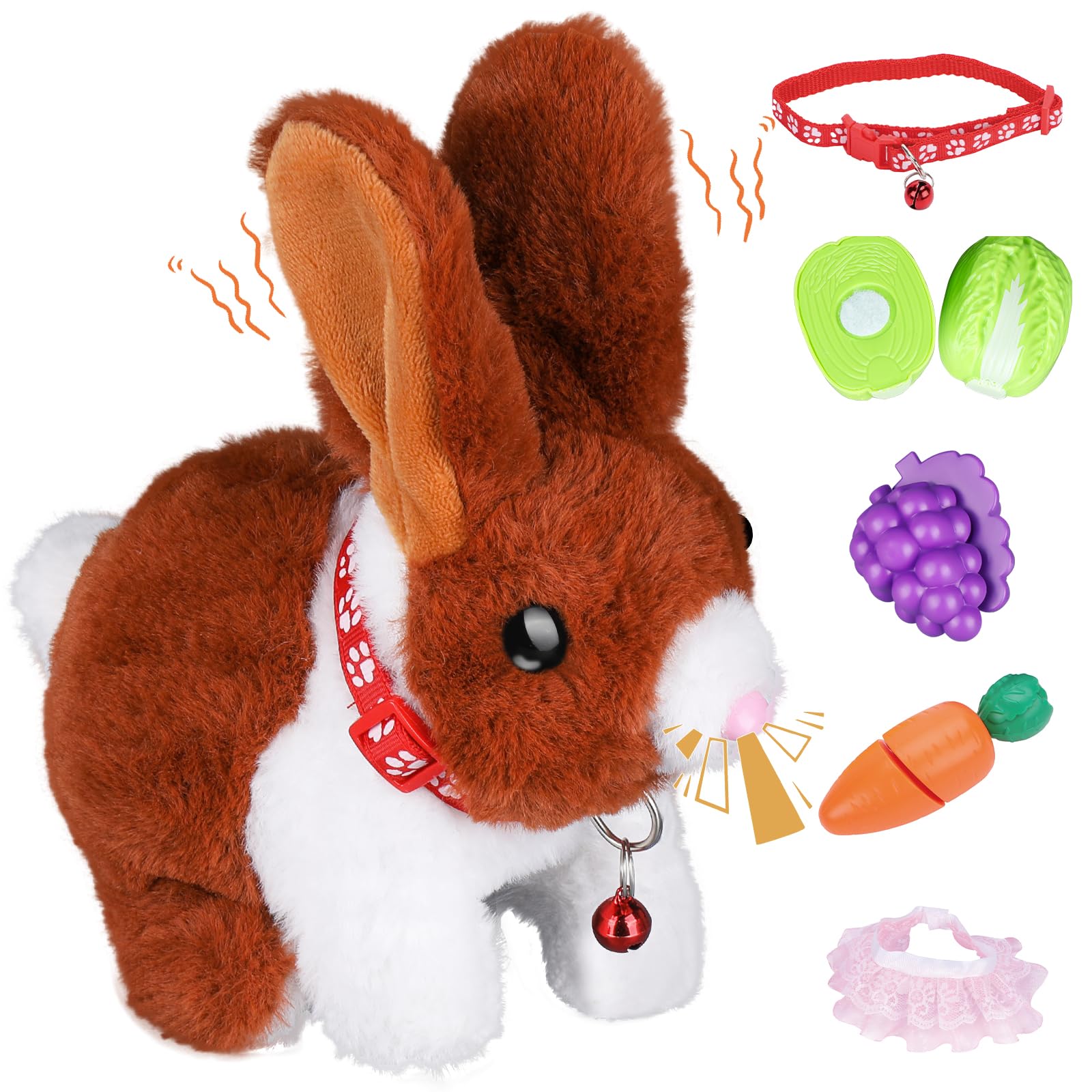 Stuffed Bunny Toys for Kids with Fruit and Vegetable Toys, Hopping Toy Rabbit That Wiggling Ears and Nose, Electronic Bunny Stuffed Animal, Perfect Birthdays, Christmas and Easter Gifts for Kids 3-7