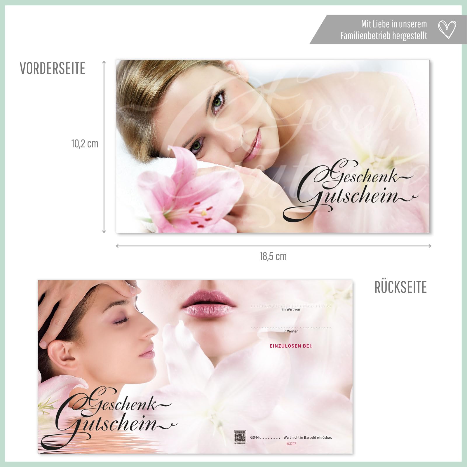 GESCHENKGUTSCHEINcom - 50 Gutscheine mit Umschlag/Schleife für Kosmetikinstitut Kosmetik Wellness - Geschenkgutschein-Vordruck blanko KS1707-2-50