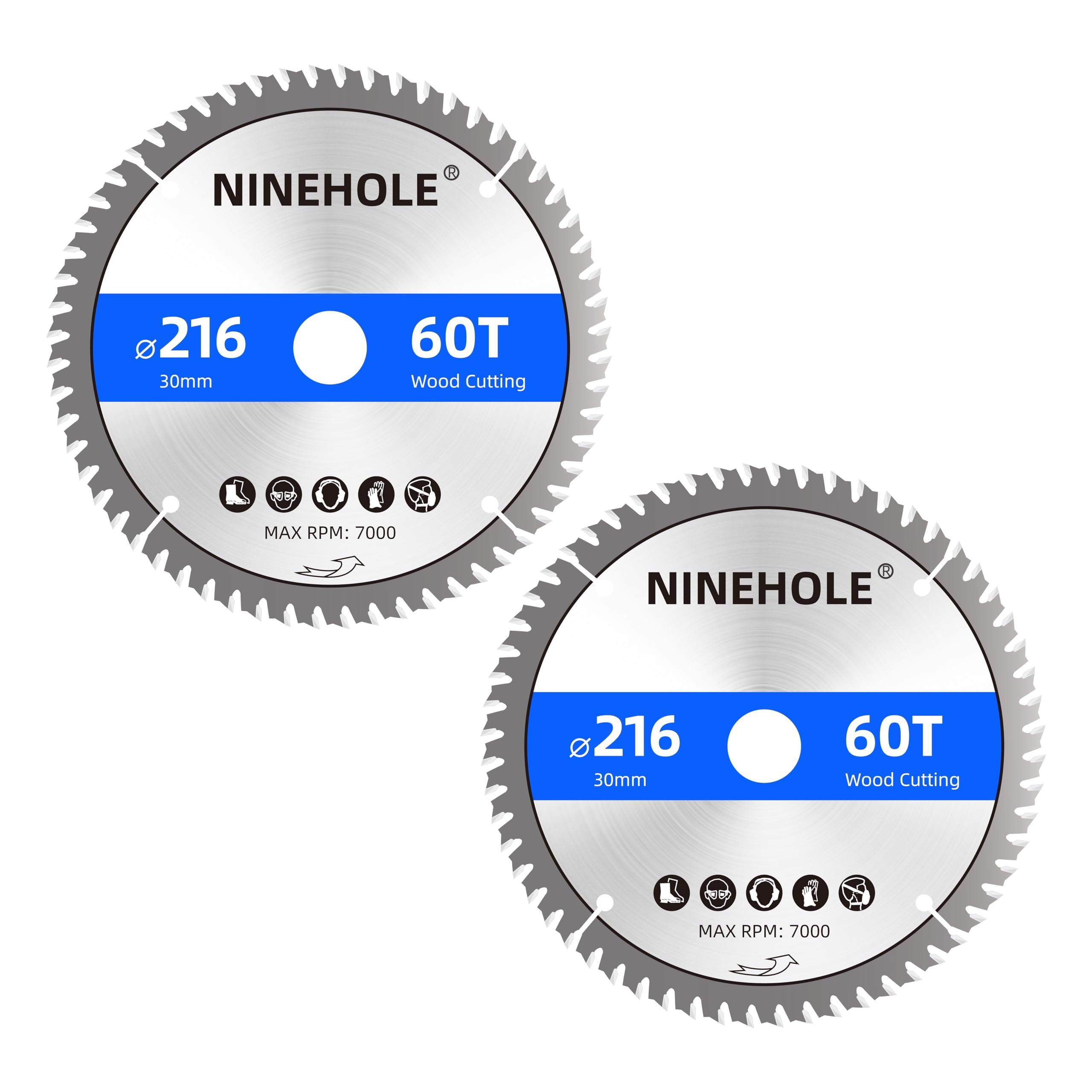 Lot de 2 Lame de Scie Circulaire 216 x 30 mm (anneau 25mm 20mm Et 16mm), 60 dents Coupes propres, Disque à Tronçonner pour Bois, Sèche, Stratifié, Cloison, Contreplaqué, Plastique