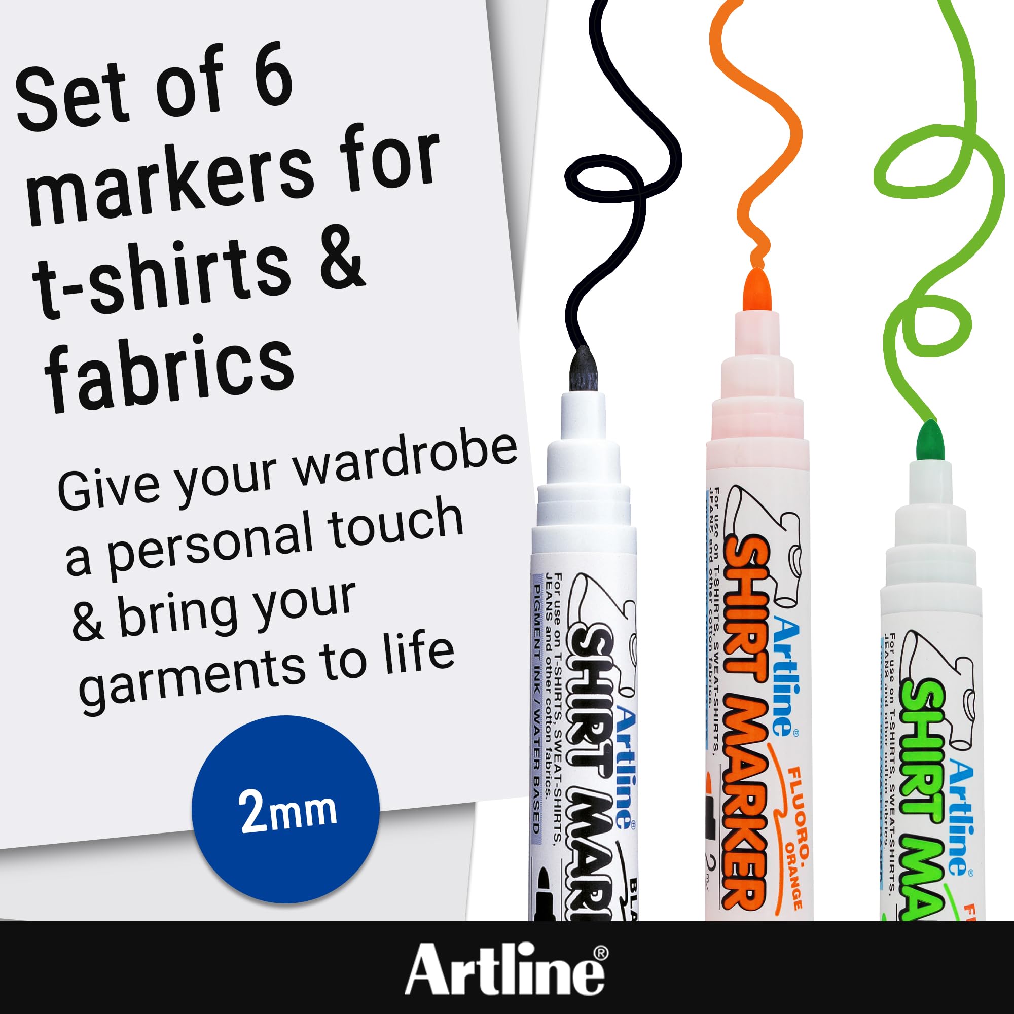 Artline Pack of 6 Fabric Markers for T-Shirts (Black, Light Blue, Yellow Green + Fluoro. Yellow - Image 2