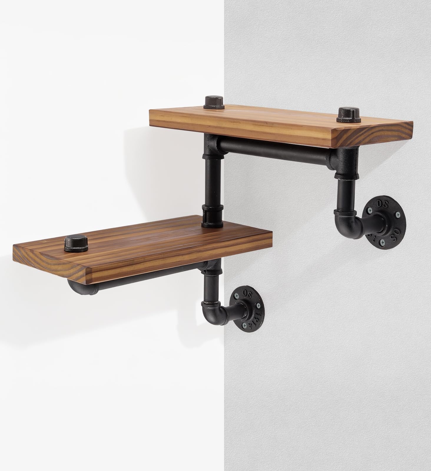 Tanice Industrial Pipe Shelf with Solid Wood Board, 2-Tier Industrial Pipe Wall Mount Shelves for Kitchen, Bedroom, and Office, Vintage Style Storage Solution