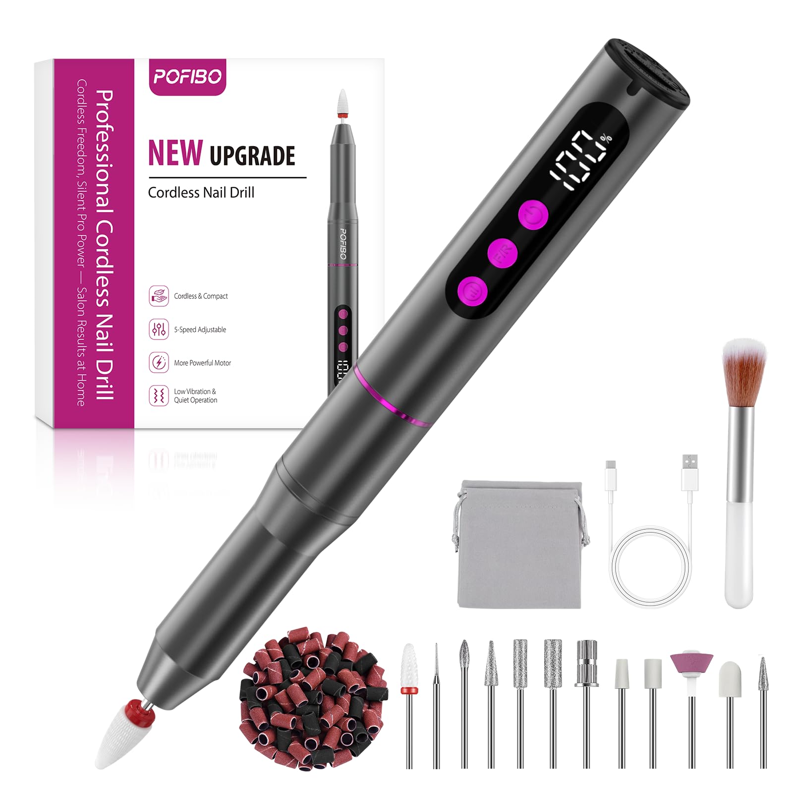 POFIBO Nagelfräser Kabellose Elektrische Nagelfeile - 35000 U/Min Nagelfräser für Gelnägel, 12 IN 1 Professionell Fräser für Nägel & Acrylnägel, Maniküre Pediküre Set mit 5 Geschwindigkeiten