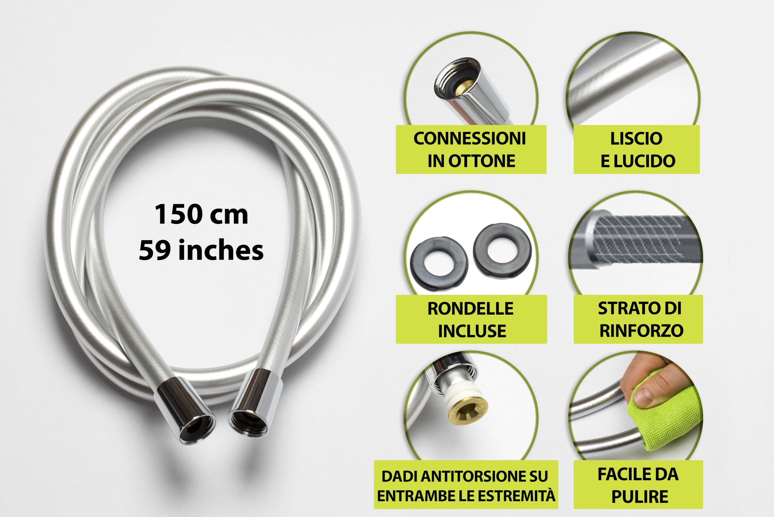 Yossee Tubo Doccia Flessibile 1.5m Argento PVC Universale Antipiega A Prova Di Perdite Resistente Alta Temperatura