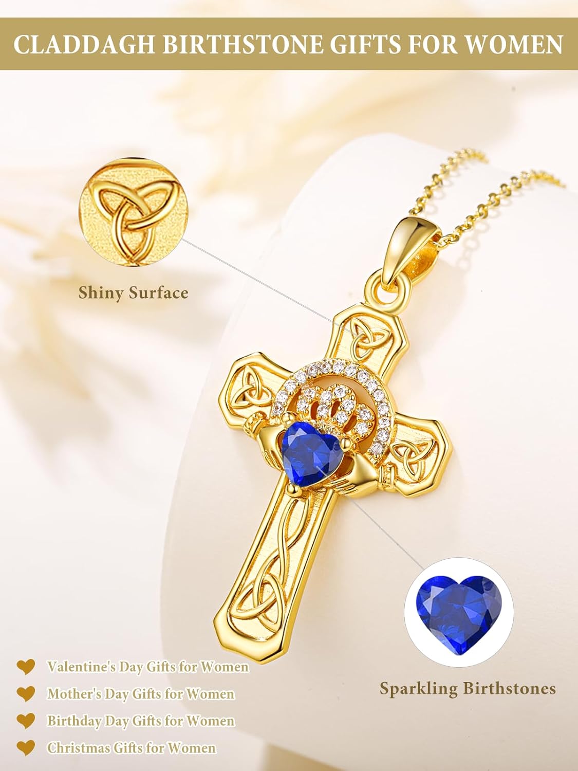 14K Gold Claddagh Cross Necklace for Women, Birthstone Celtic Knot Irish Cross Pendant Necklace Jewelry, Valentines Mothers Day Birthday Gifts for Her Mom Wife Girlfriend - Image 2