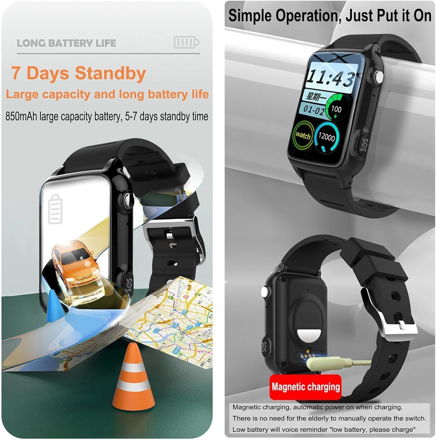 Genérico Detección de Caídas 4G Reloj Localizador GPS Personas Mayores Detector Caída Smartwatch Botón SOS para Alzheimer (Negro)