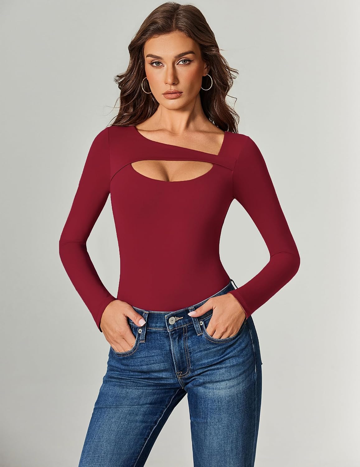 Avidlove Women Long Sleeve Bodysuit Scoop Neck Cutout Thong Body Suits Double Lined Slim Fitted Leotard Going Out Tops image 4
