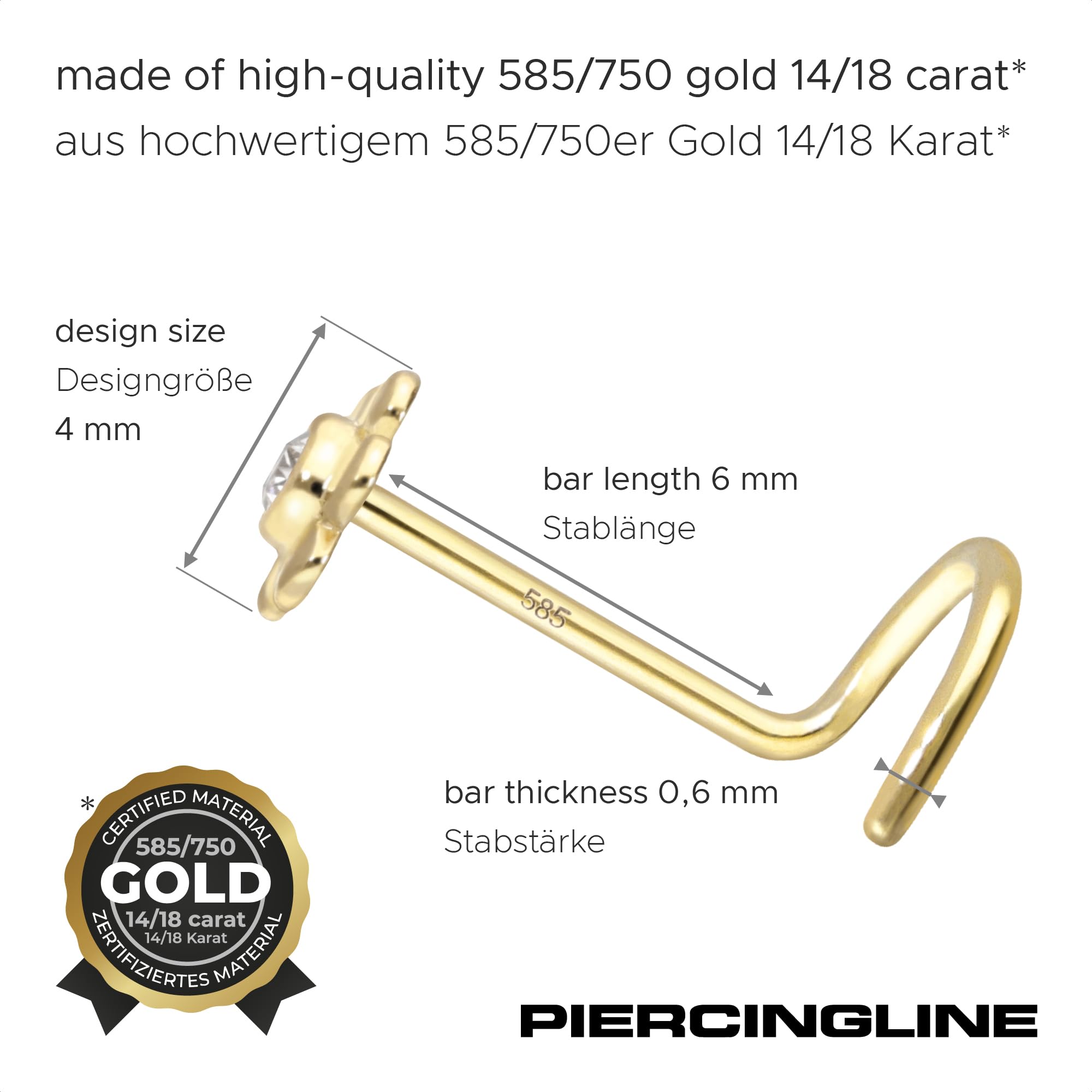 PIERCINGLINE 14 Karat oder 18 Karat Nasenpiercing Spirale BLUME + MOISSANIT KRISTALL Piercing Nase Stecker Farbauswahl