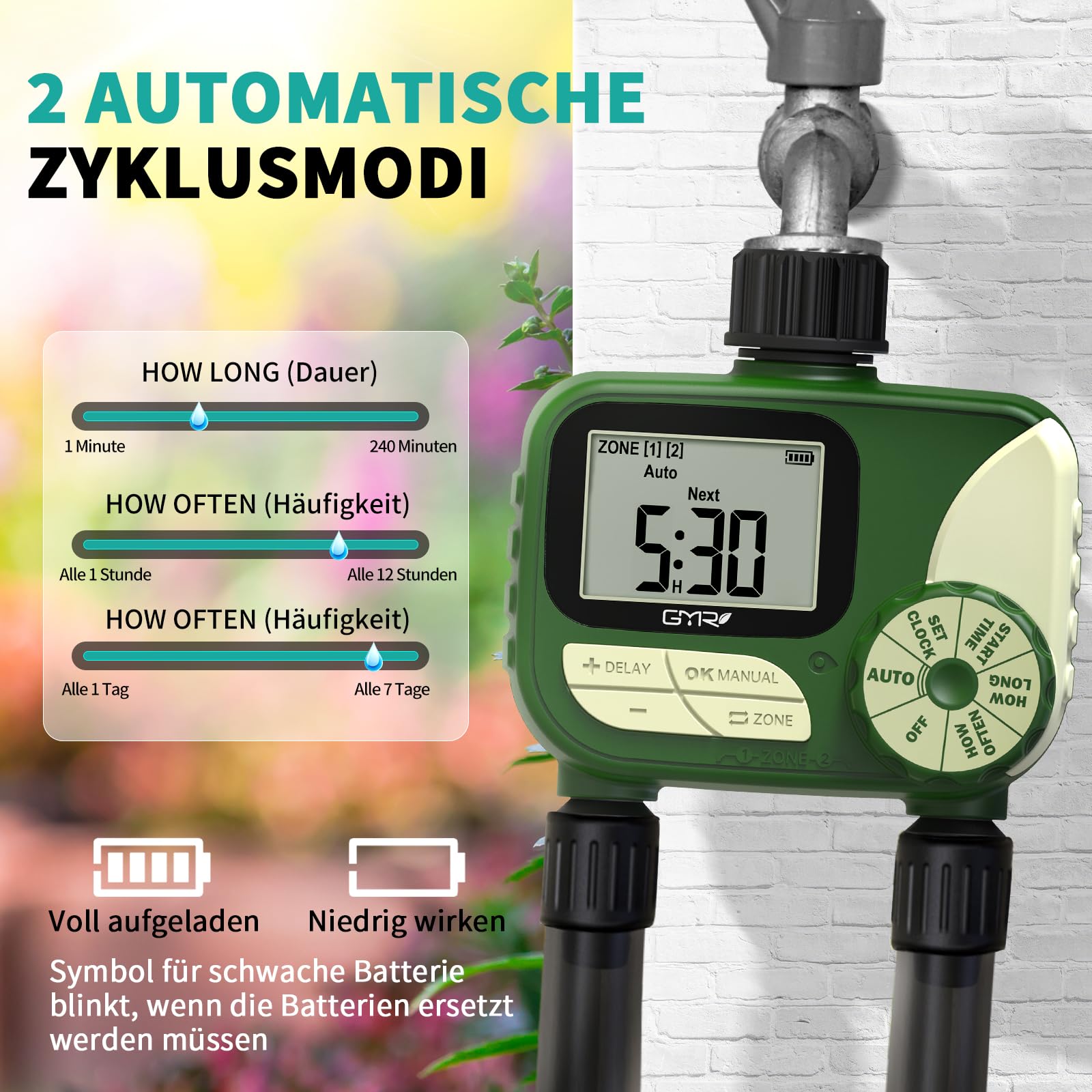GMR Computer di irrigazione con 2 uscite, controllo di irrigazione per tubo da giardino, contatore dell'acqua programmabile, ritardo della pioggia, manuale/automatico, sistema di irrigazione per