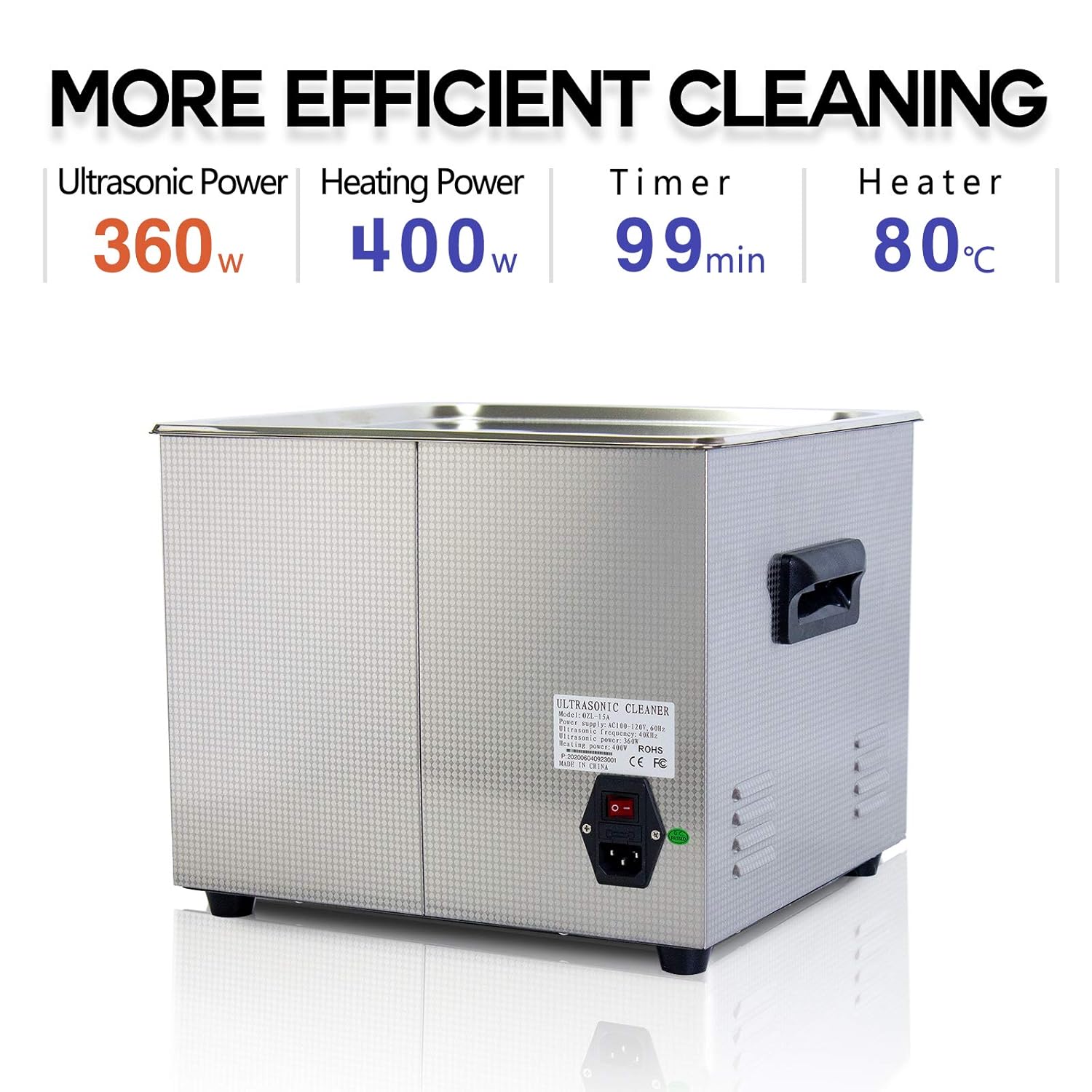 Back view of ONEZILI Ultrasonic Cleaner showing power switch and warning label