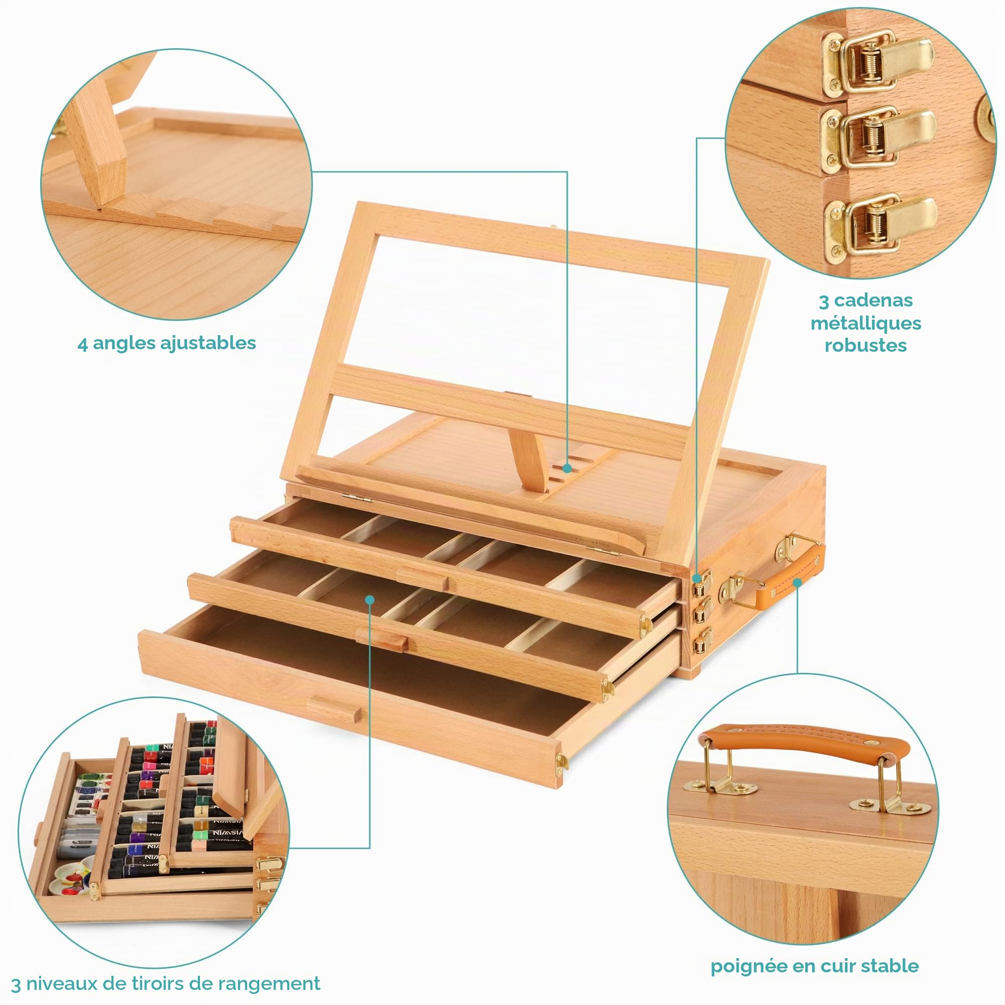 VISWIN Grand Chevalet de Table Réglable À 3 Tiroirs, Boîte de Peinture en Bois de Hêtre de Qualité Supérieure, Chevalet de Bureau d'Artiste Portable Pour Adulte, Artiste