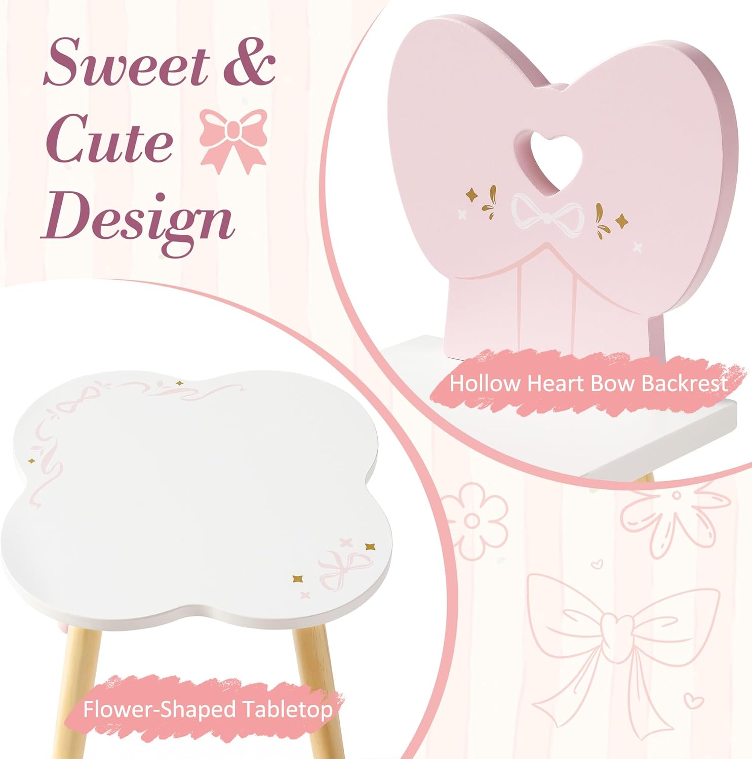 ROBOTIME 18 Inch Doll Table and Chairs Set, Doll High Chair, Wooden Doll Furniture Dining Table with 2 Chairs, Pink Doll Furniture Set for Pretend Play, Doll Furniture for 18 Inch Dolls