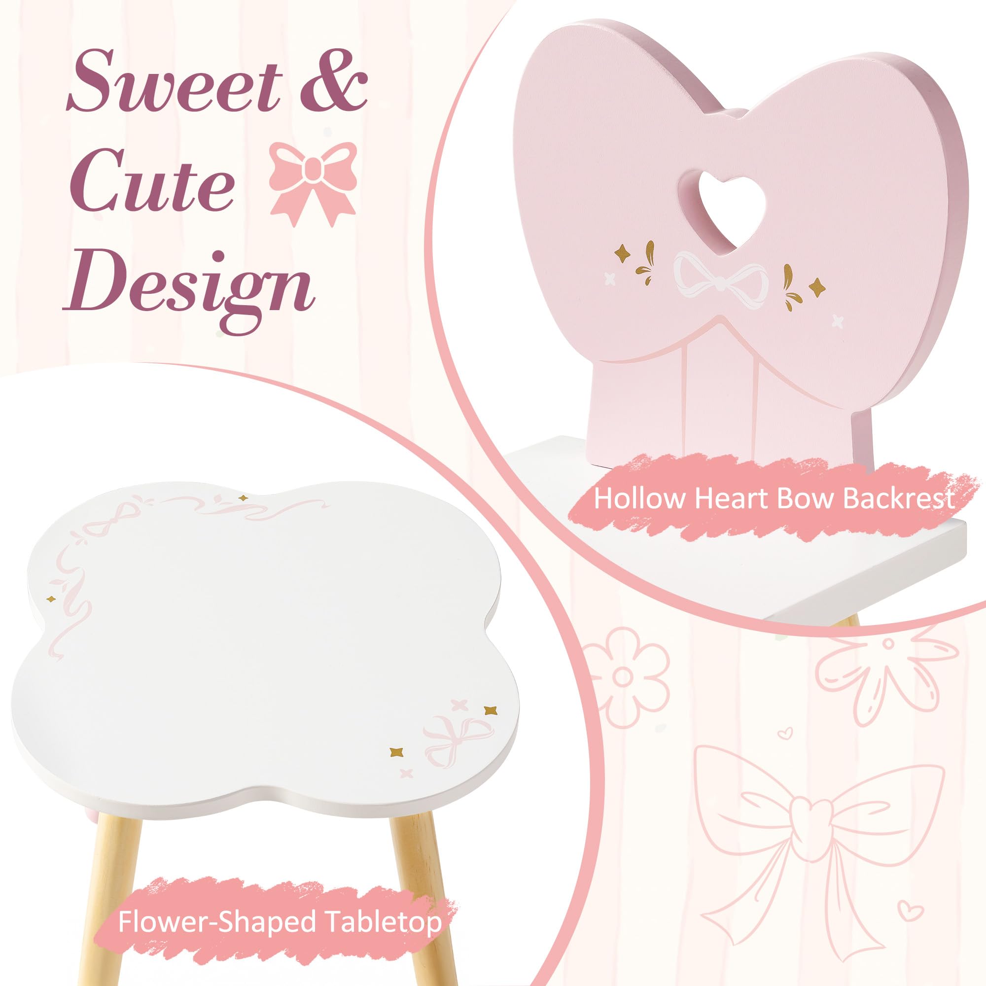ROBUD 18 Inch Dolls Table Chairs Set, Wooden Doll Furniture Dining Table & 2 Chairs with Bow Heart Backrest - Image 4