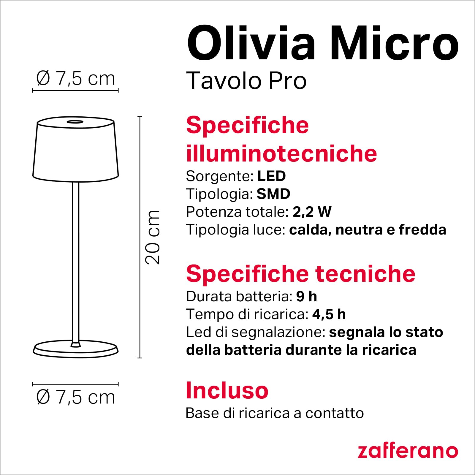 Zafferano, Lampada Olivia Micro, Lampada da Tavolo Ricaricabile e Senza Fili con Controllo Touch, Adatta per Salotto ed Esterni, Dimmer, 2200-3000 K, Altezza 20 cm, Colore Sabbia