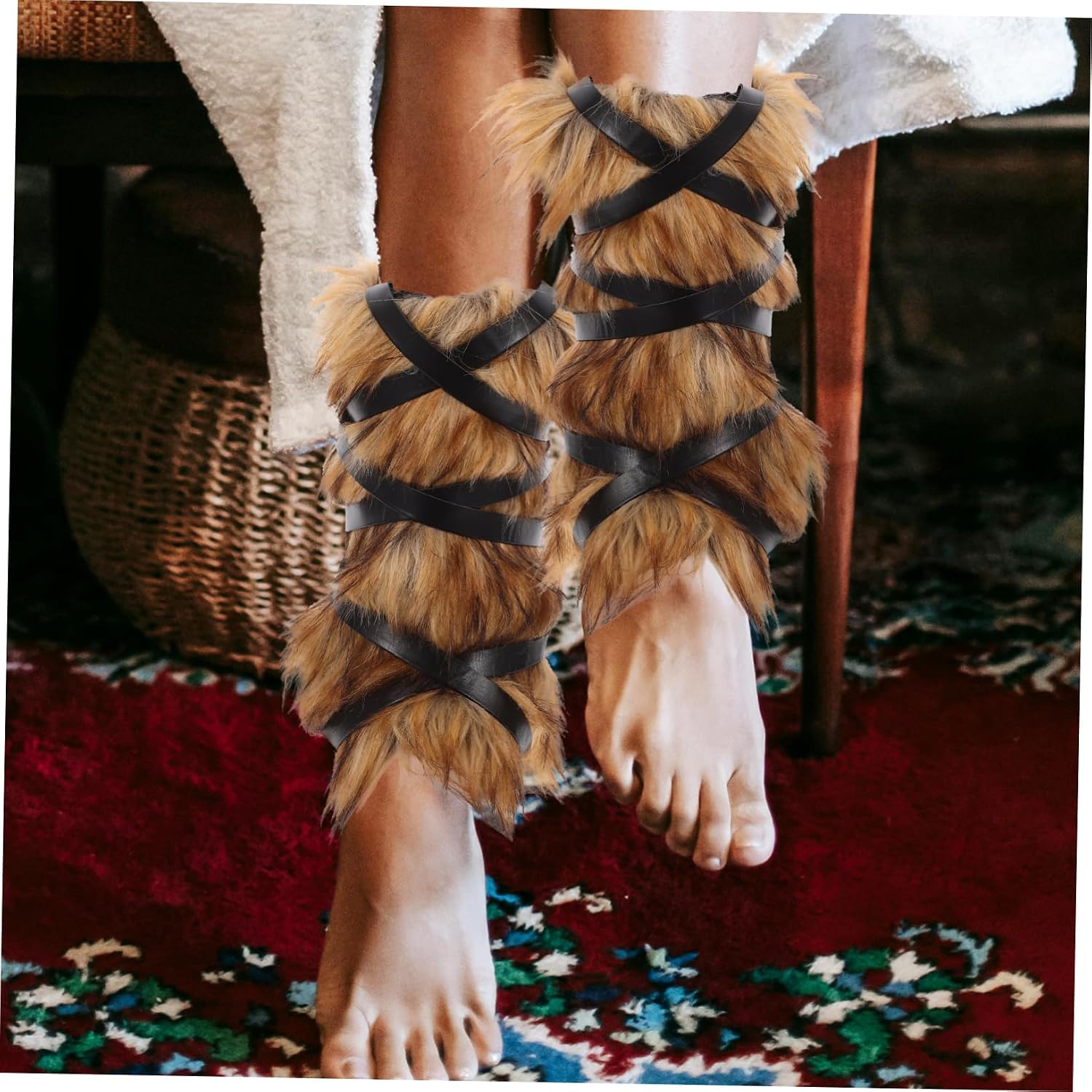 1pair Faux Fur Leg Warmers for Men and Women Brown Viking Costume Accessories Medieval Style Faux Fur Boot Covers for Halloween and Cosplay Events