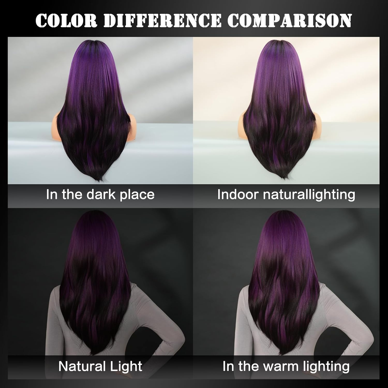 7JHH WIGS Long Dark Purple Ombre Wig with Bangs for Women Heat Resistant Fiber 25 Inch Layered Synthetic Hair Wigs with Dark Roots for Daily Use - Image 5