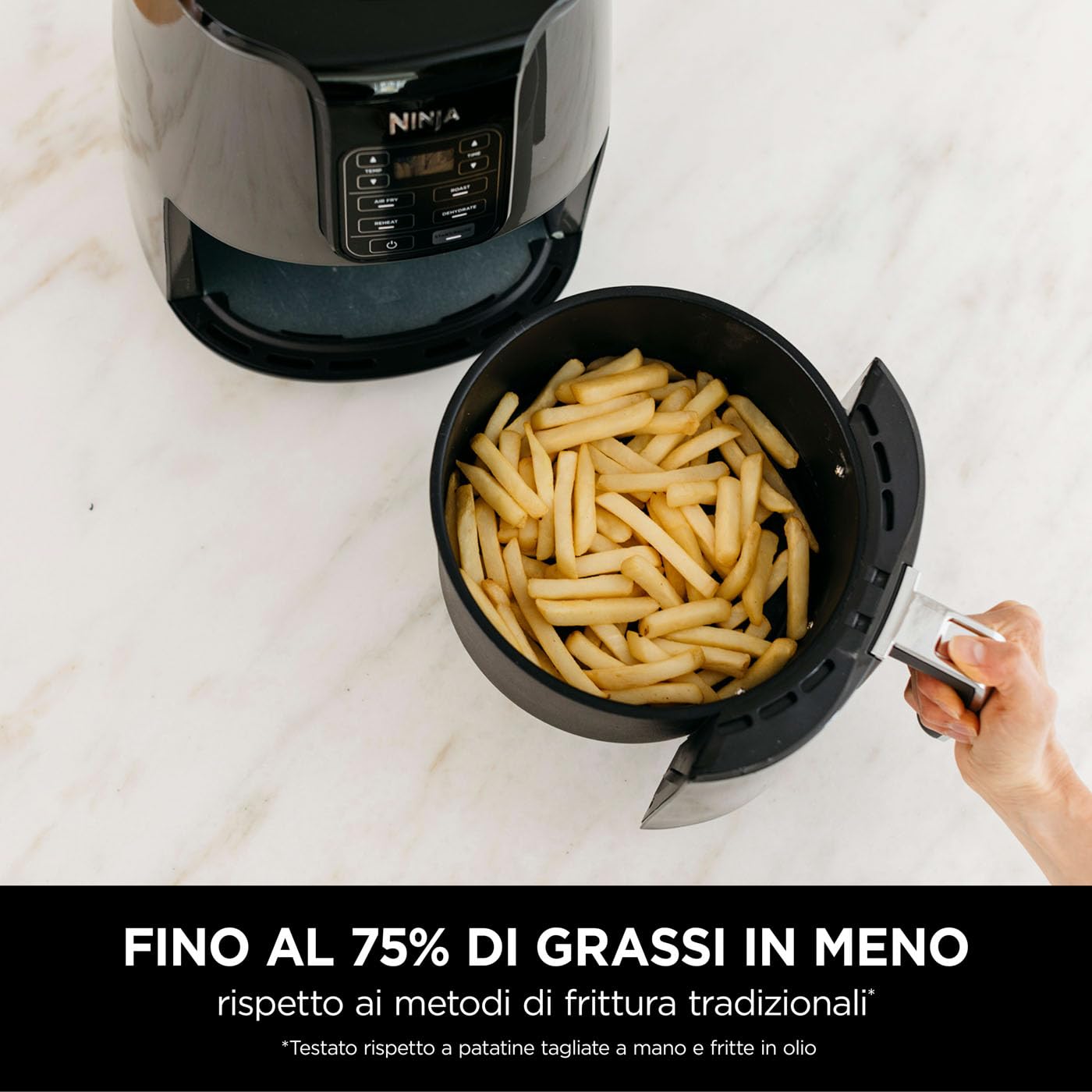 Ninja friggitrice ad aria, 3.8L, 4 in 1, digitale, cottura senza olio, frigge, arrostisce, disidrata, cestello antiaderente lavabile in lavastoviglie, 2-4 portate, grigio/nero, AF100EU