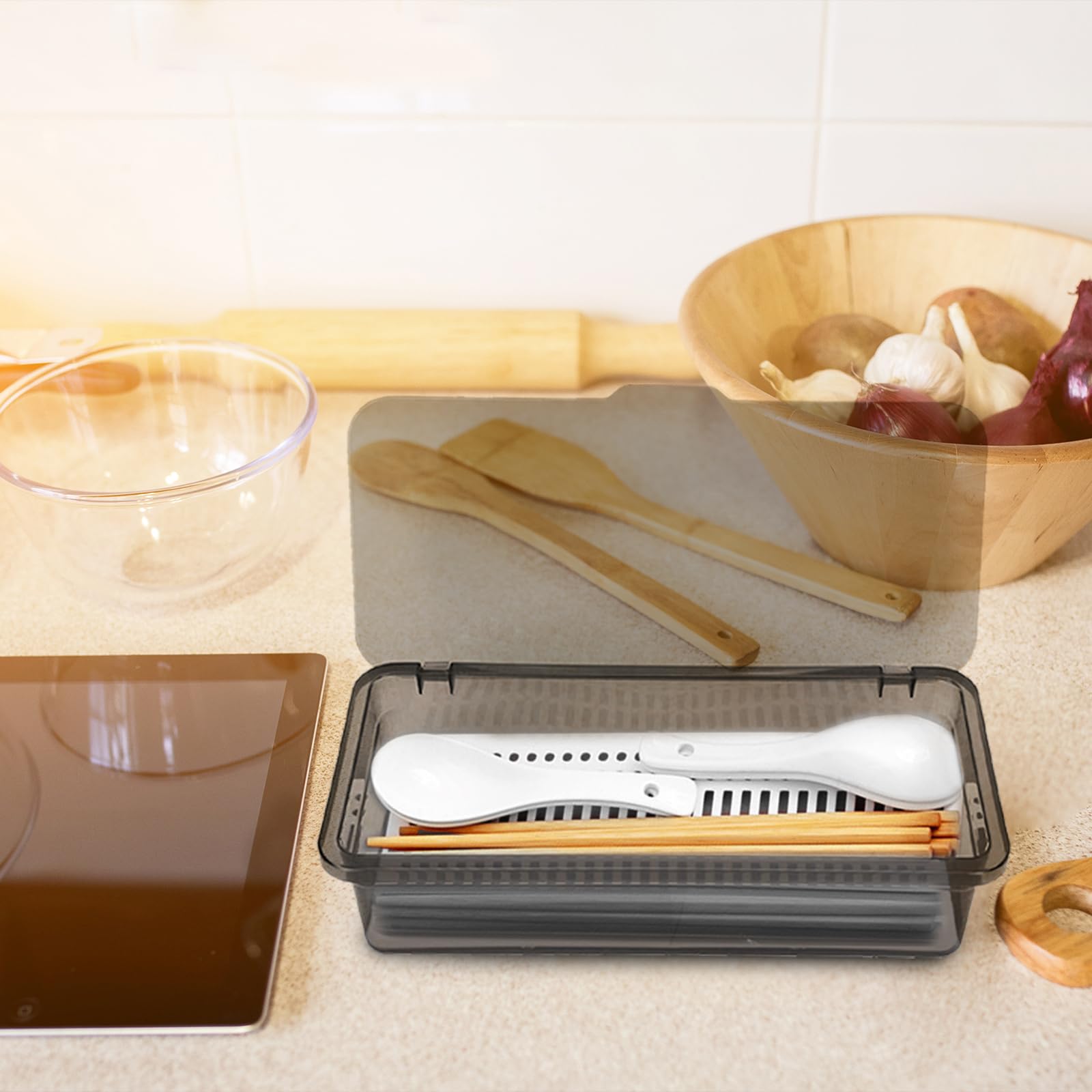 FUCIHOMA 3PCS Flatware Tray with Lid and Drainer, Tableware Utensil and Cutlery Drawer Organizer with Lid Covered Silverware Tray to Keeps Your Cutlery Organized and Protected,Grey