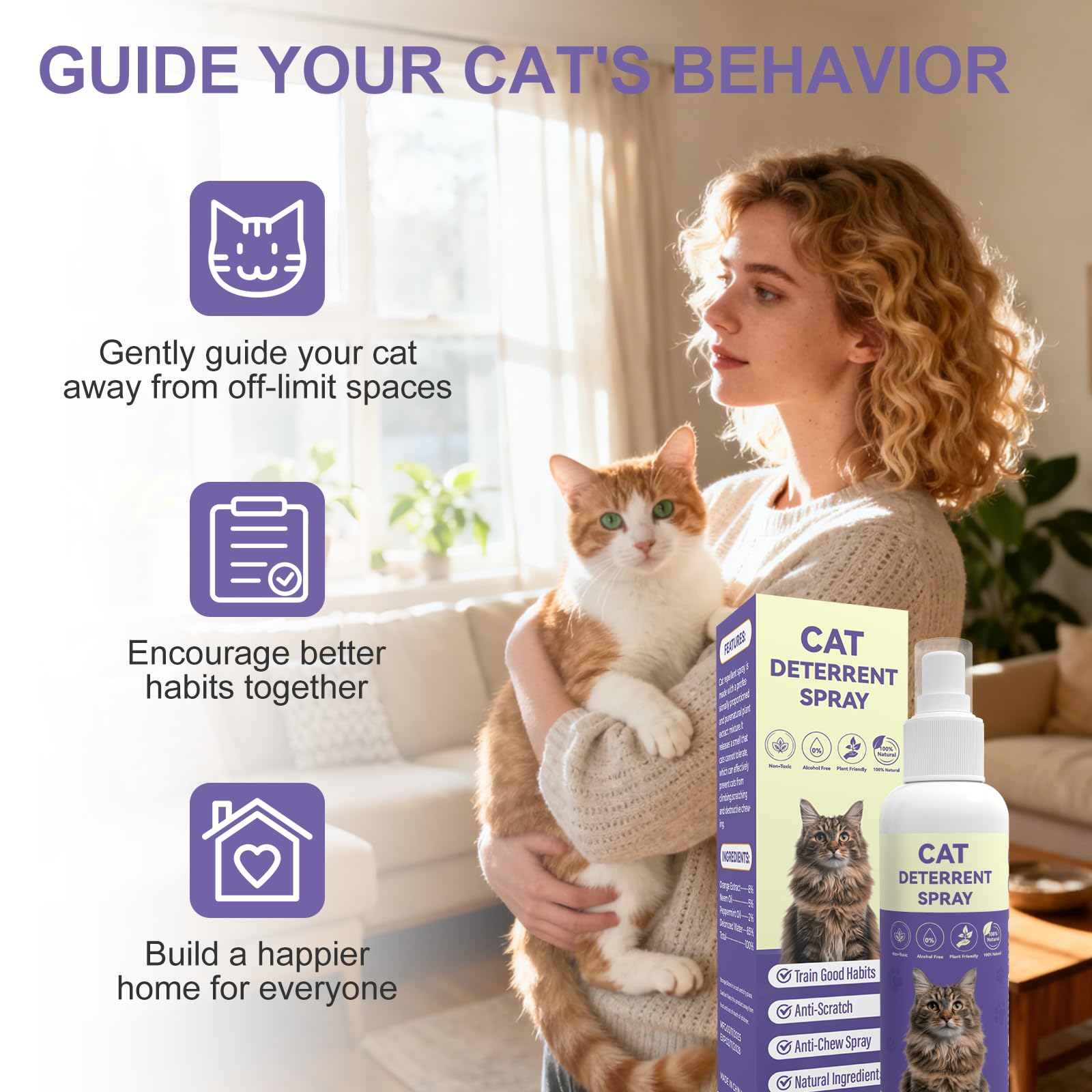 Cat Deterrent Spray for Furniture, Indoor & Outdoor Cat Repellent - Stops Scratching, Pee Spraying, Chewing | Natural Essential Oils, Pet-Safe, 5.07 Fl Oz — view 2