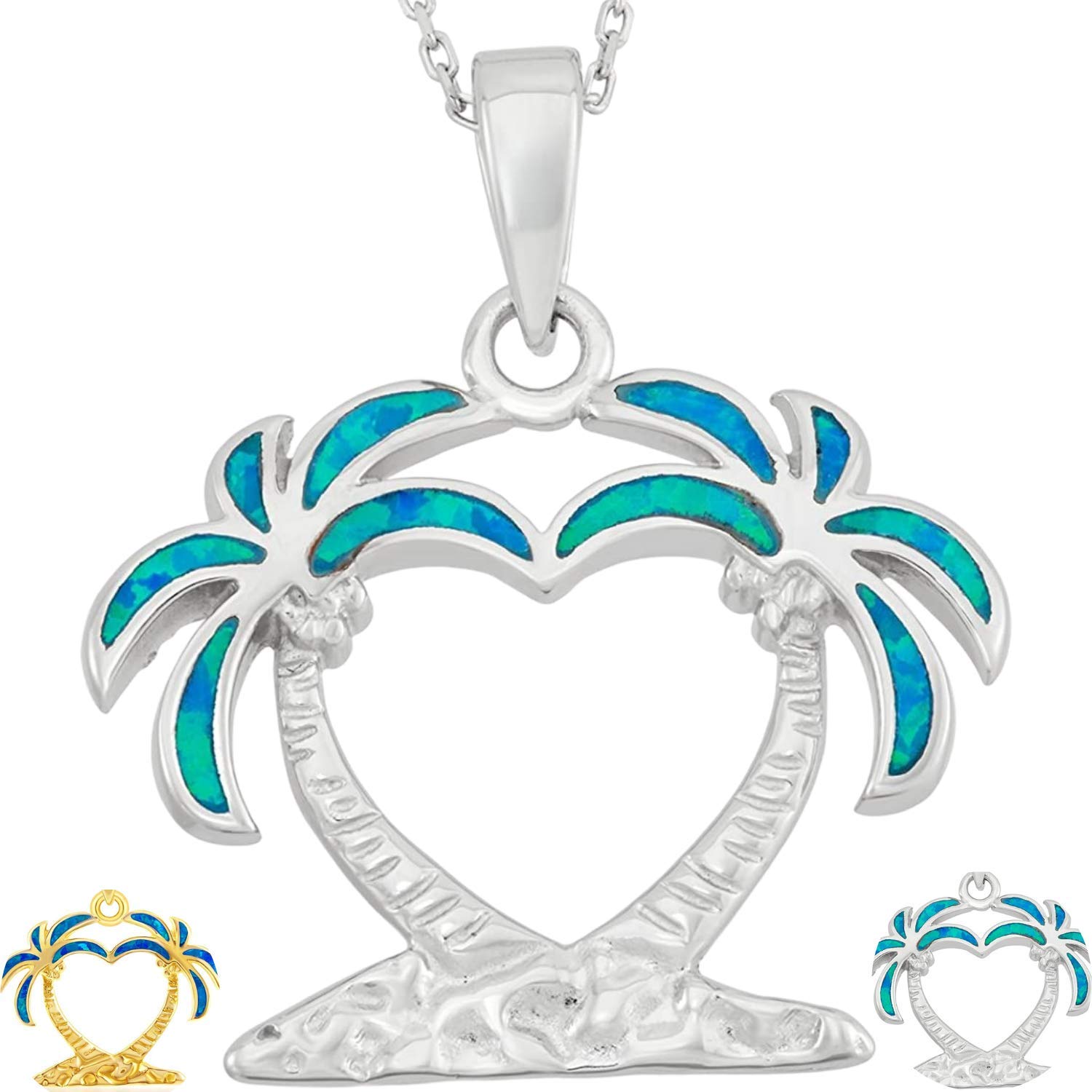 Beaux Bijoux Created Blue/White Opal Heart Shaped Palm Tree Silver/14k Gold/14k Rose Gold Plated Sterling Silver Pendant 18’’ Necklace Jewelry for Women
