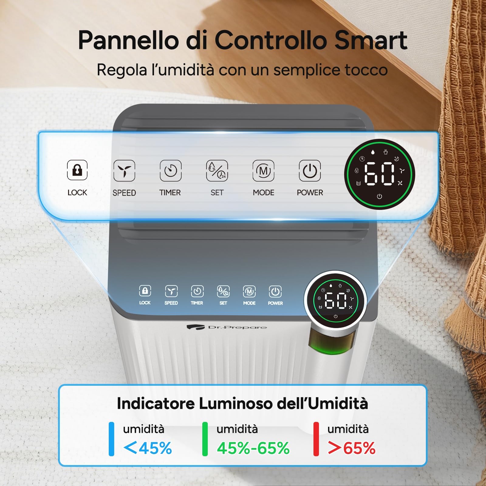 DR.PREPARE Deumidificatore Casa 15L/24H Deumidificatore Silenzioso 35 dB Timer 24H 3 Modalità con Drenaggio Continuo Adatto a 20-30 m² per Camera da Letto Cantina Camper Lavanderia