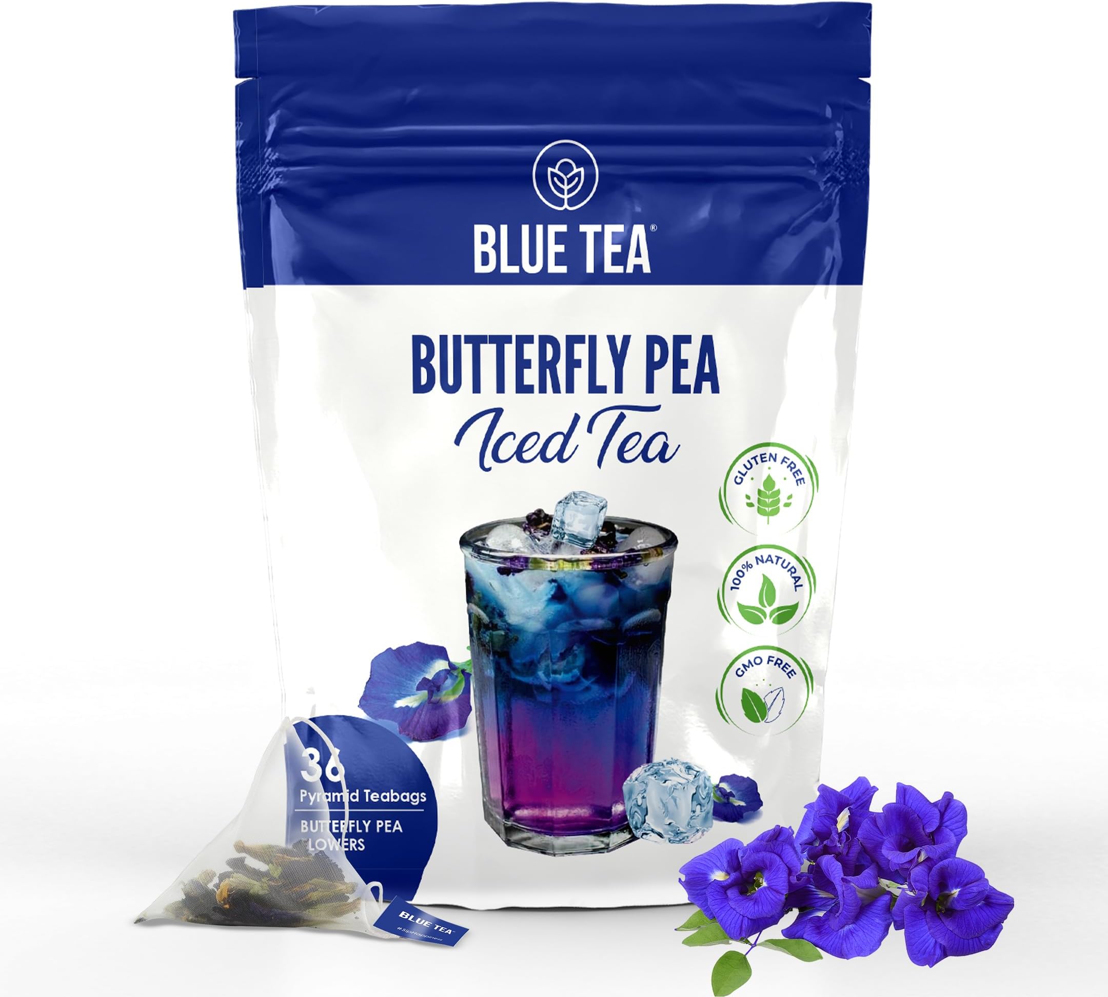 BLUE TEA - Butterfly Pea Iced Tea (36 Tea Bags) | REFRESHING TEA | Calming Tea - Caffeine Free- Natural Ingredients- Herbal Tea- Flower Based - Vegan - Non-GMO| Premium Zipper Pouch