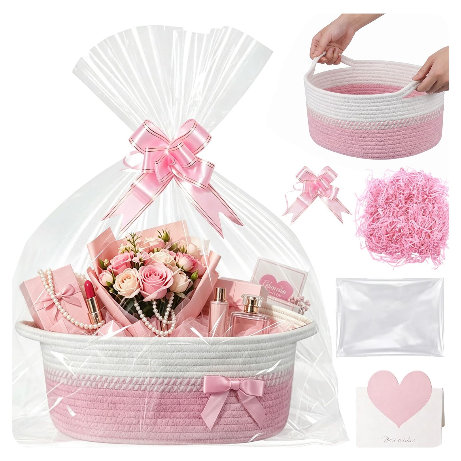 Empty Gift Basket, Rope Woven Basket with Handles, Hamper Basket Kit with Cellophane Bag, Pull Bows, Greeting Card, Raffia for Baby Shower Wedding Gift Birthday,Christmas 35x25x14cm (Pink)