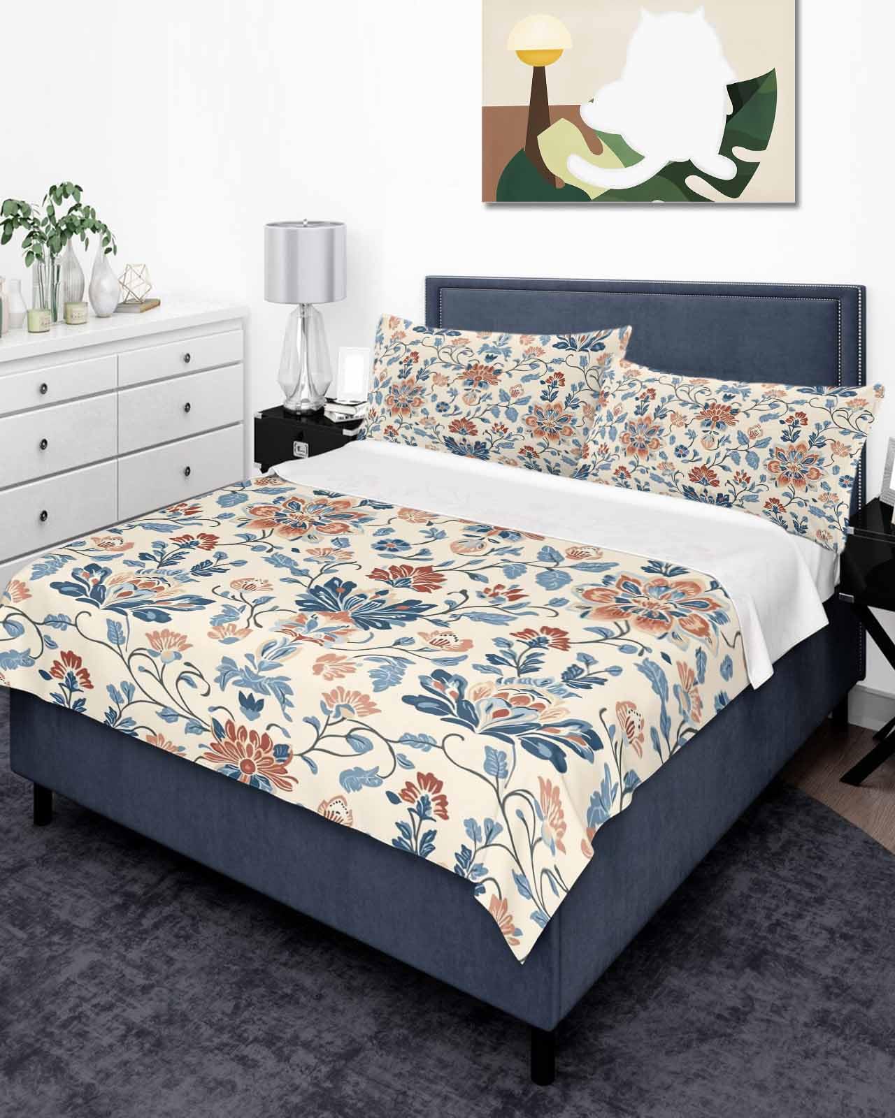 Queen Size Top Sheet Only, Boho Abstract Flower Botanical Flat Sheet Microfiber Breathable Soft Bed Sheets, Retro Ombre Blue Floral Hotel Bedding Flat Sheets for Bedroom