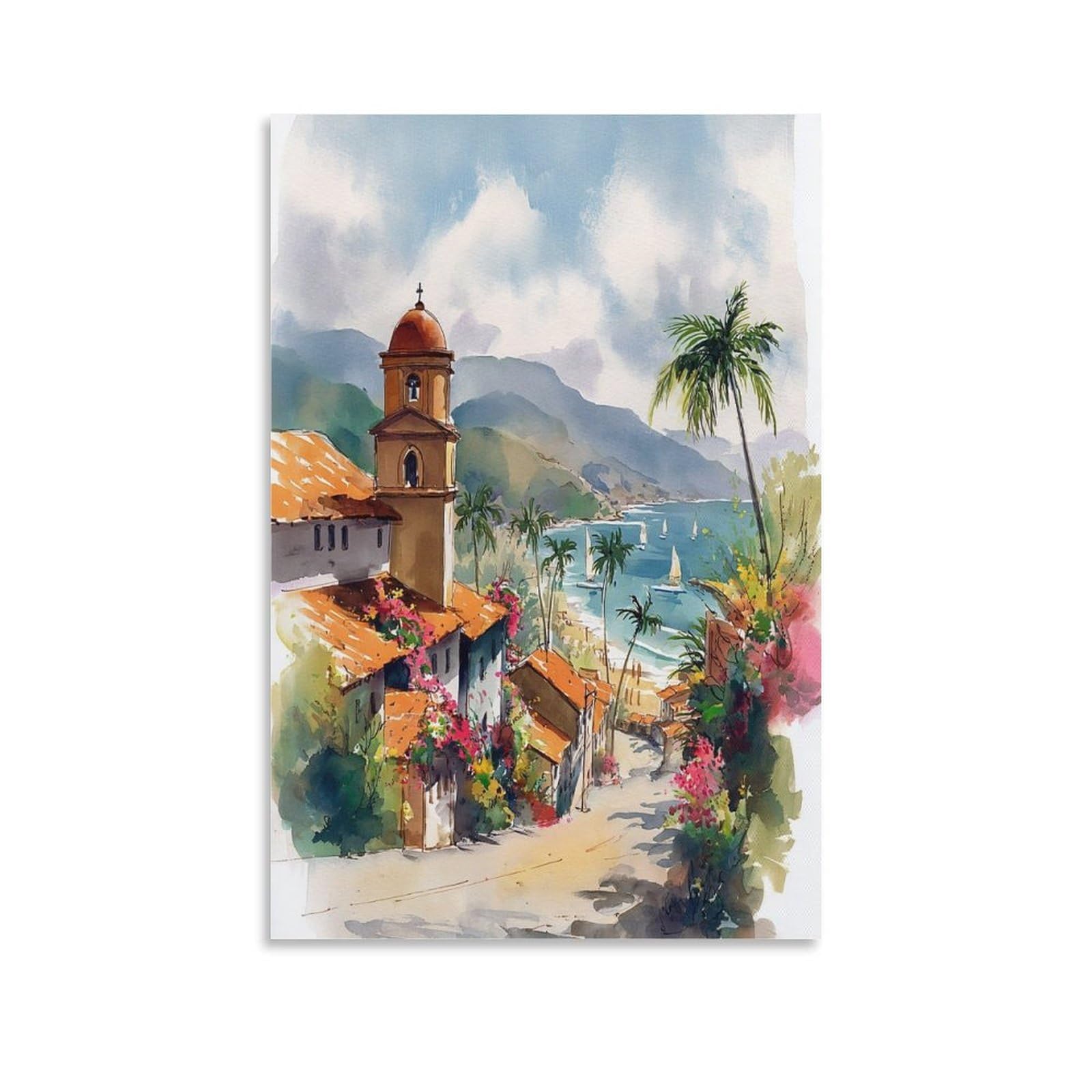 LCYNNH Puerto Vallarta Mexico 24x36inch(60x90cm) Vintage Travel Poster Watercolor Canvas Art