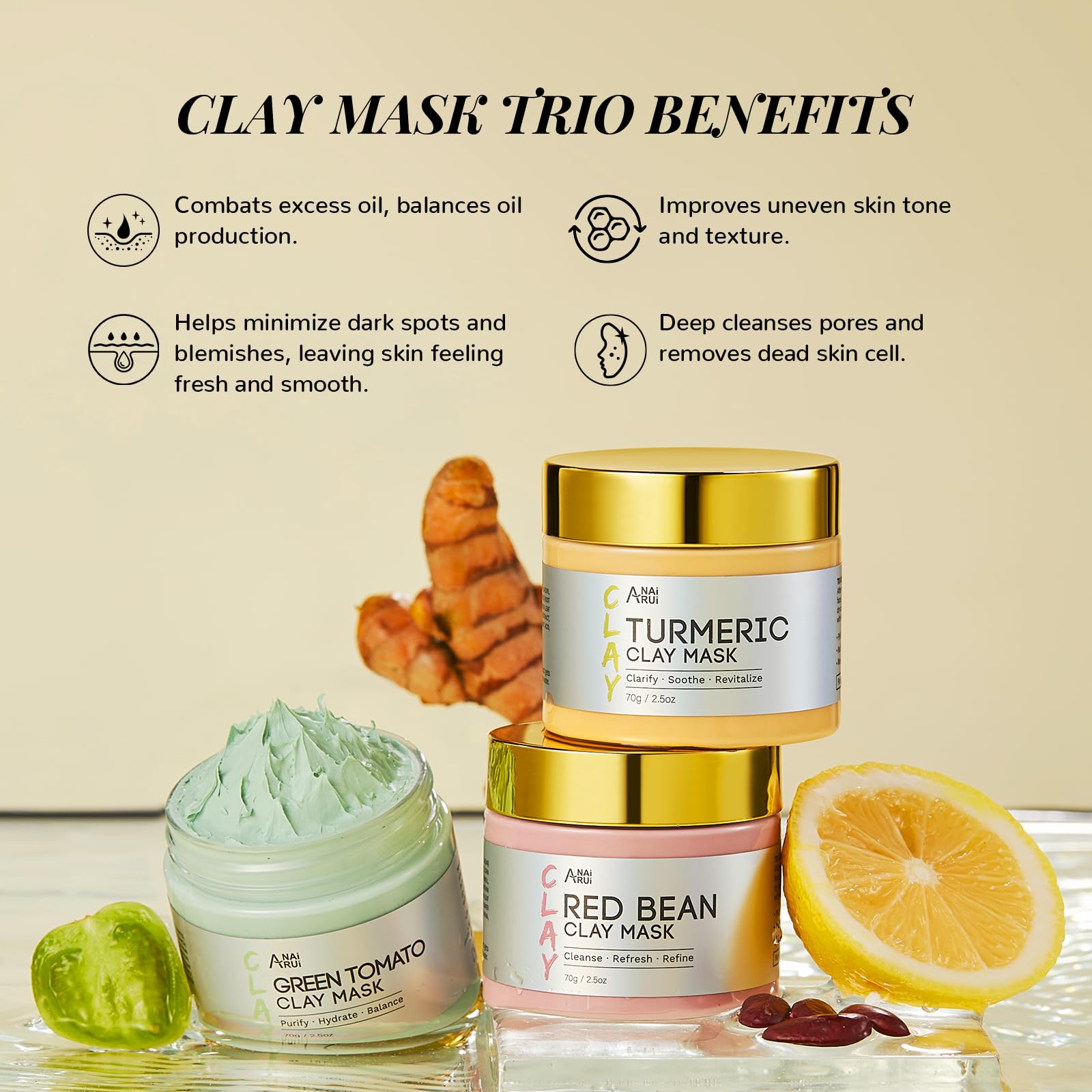 ANAiRUi Clay Mask, Face Masks Skincare, Green Tomato Clay Mask + Turmeric Face Mask + Red Bean Refreshing Pore Mask - Image 4