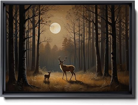 Canvas Print The Secret Forest Nature Art Woodland Print A Deer And Its Baby In The Forest With Some Trees Under The Light Of The Full Moonon Canvas Canvas, Decor