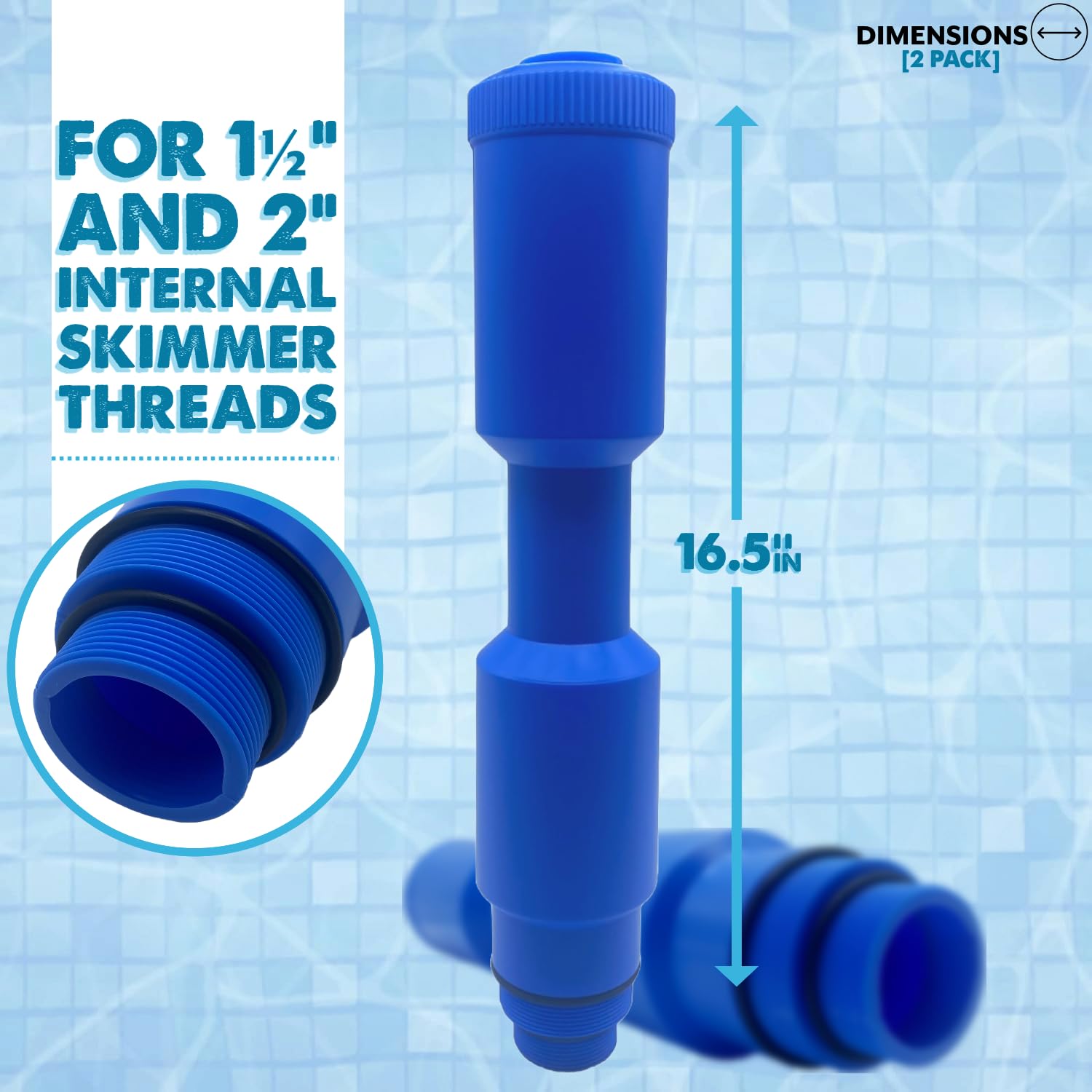 Poolzilla Lot de 2 bouchons d'hiver bleus pour skimmer – Piscine au-dessus et enterrée, protection de glace de 41,5 cm pour écumoires filetées de 3,8 cm et 5,1 cm avec valve de soufflage
