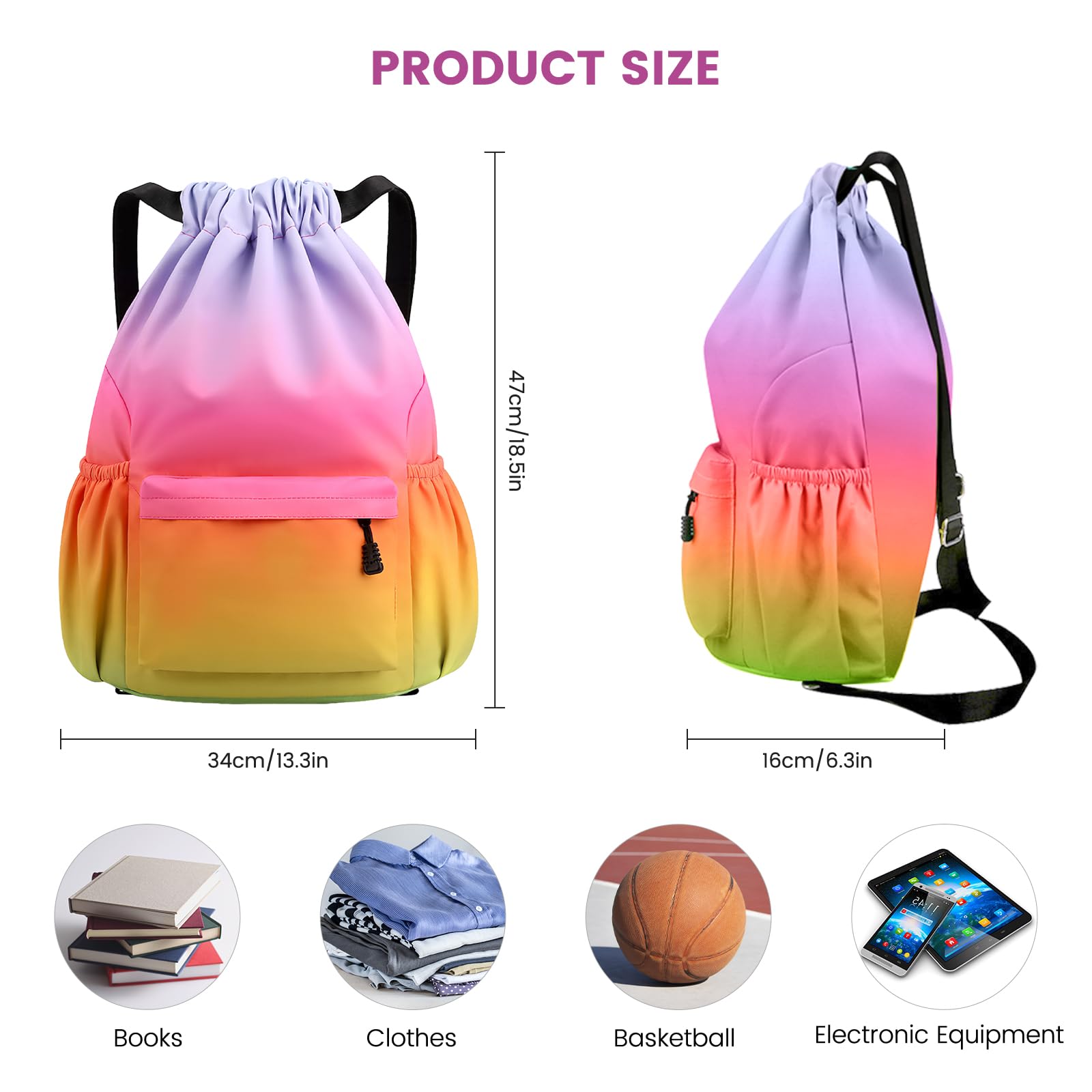 Sac à Dos à Cordon, Imperméable Large Bandoulière Sacs de Sport à Cordon Sac de Gym Avec Poche Intérieure Et Poche De Sécurité avec Poche Avant Et Arrière Zippée, Dégradé Couleurs