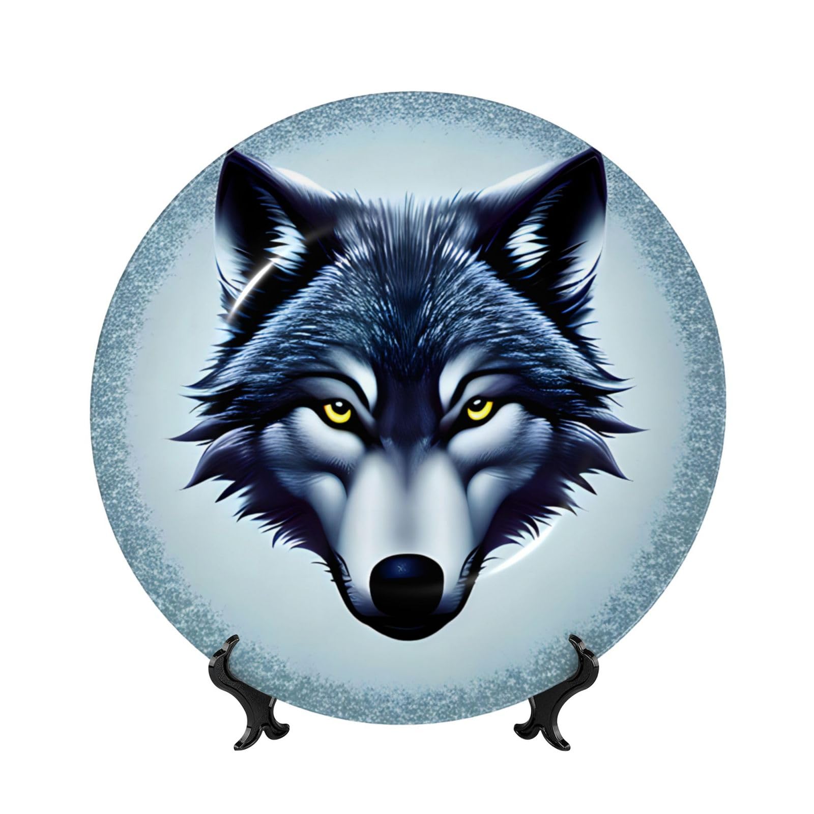 SXZVVBN Fierce wolf head Bone China Decorative Plate Art with Stand Removable Adhesive Hanging for Home Office 7in