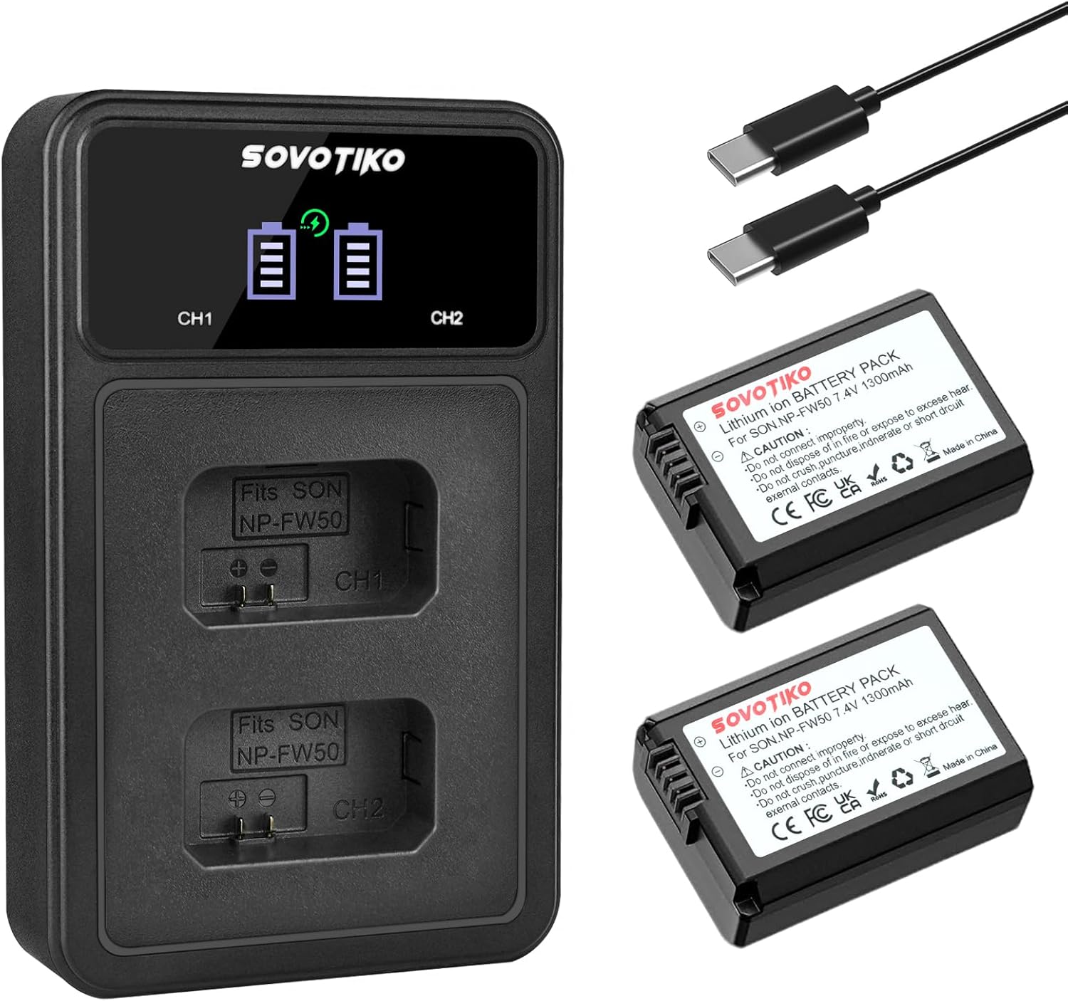 NP-FW50 Akku 2er-Pack und Dual Port PD Schnellladegerät für Sony ZV-E10, Alpha 7, A7, A7II, A7RII, A7SII, A7S, A7S2, A7R, A7R2, A5000, A6400, A6500, A6300, A6000, NEX-3, NEX-5 Kamera,1300 mAh