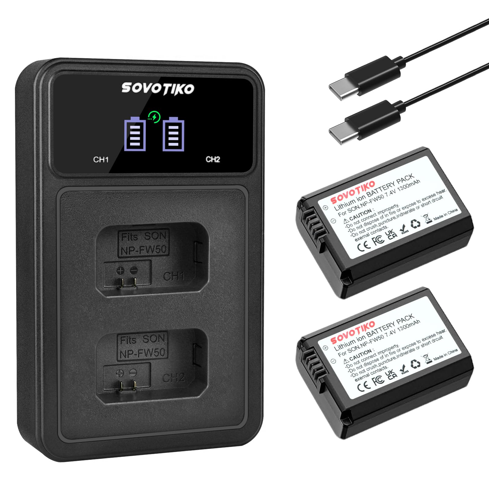 SOVOTIKO NP-FW50 Battery 2-Pack and Dual Port PD Fast Charger for Sony ZV-E10, Alpha 7, A7, A7II, A7RII, A7SII, A7S, A7S2, A7R, A7R2, A5000, A6400, A6500, A6300, A6000, NEX-3, NEX-5 Camera