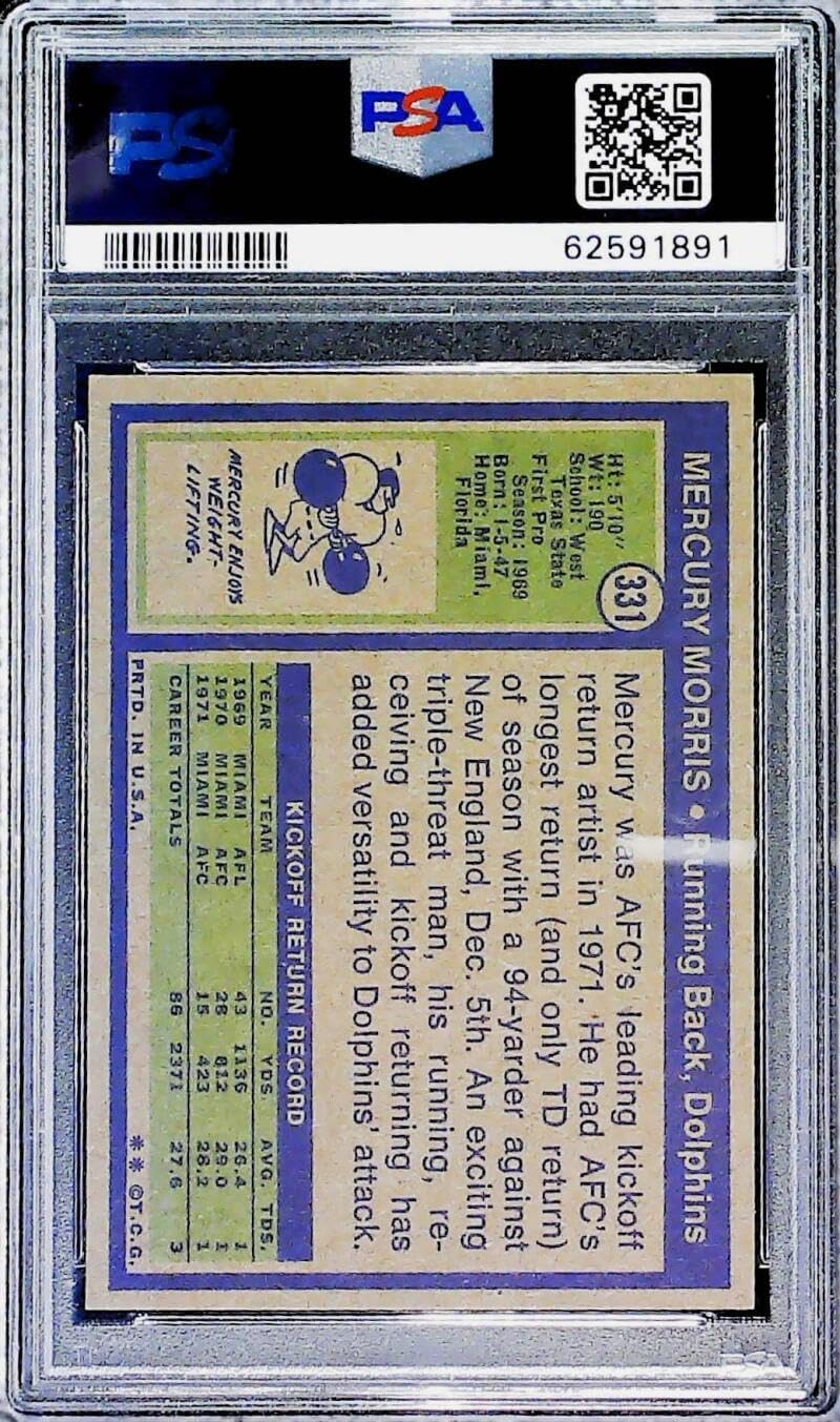 1972 Topps Football #331 Mercury Morris Miami Dolphins PSA 8 NM-MT Trading Card