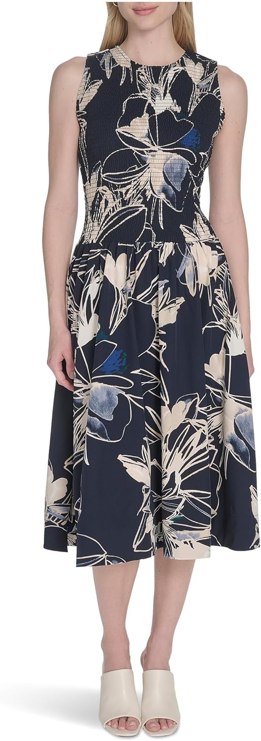 Calvin Klein Womens Sleeveless Smocked Bodice Strecth Midi Dress