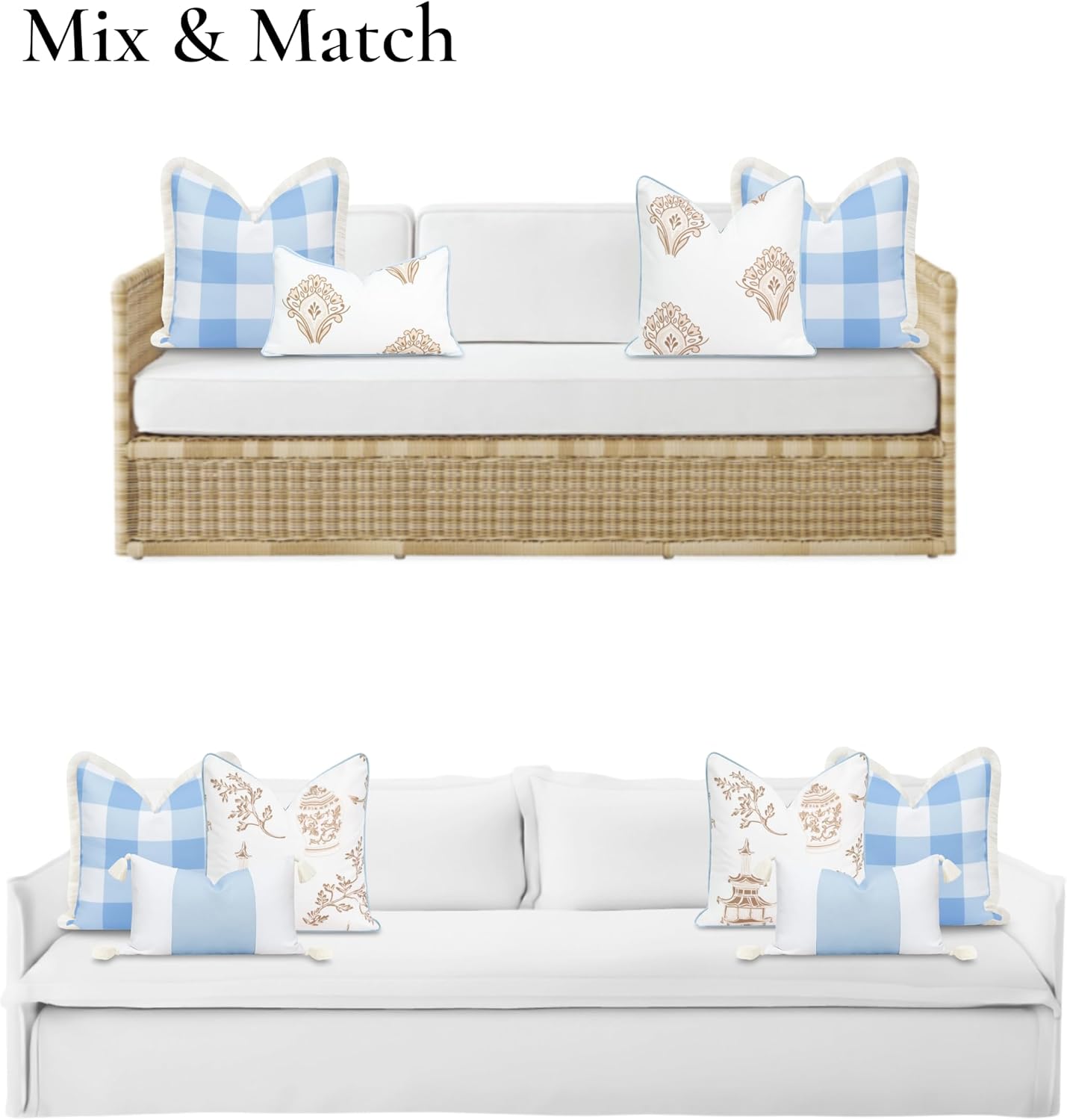Hofdeco Premium Coastal Patio Indoor Outdoor Throw Pillow Cover Only, 20"x20" Water Repellent for Backyard, Couch, Baby Blue Plaid with Fringe (Pack of 2)