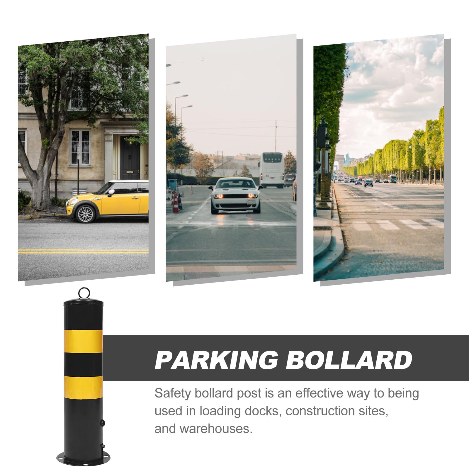 Yardwe Bolardo de Acero de 50 Cm Negro y Amarillo, Poste de Advertencia para Seguridad Vial, Barrera de Protección Resistente para Estacionamientos y Control de Acceso Industrial